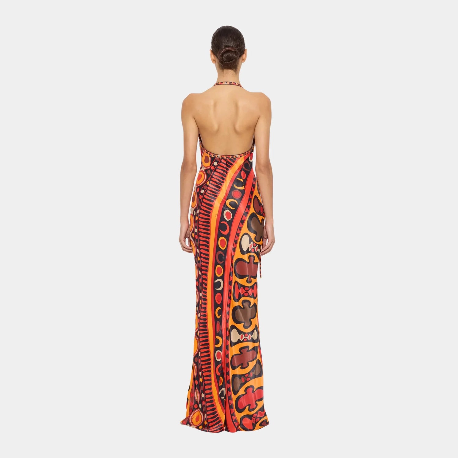 Pucci Soleil Print Satin Dress, Orange Black, Model, Back