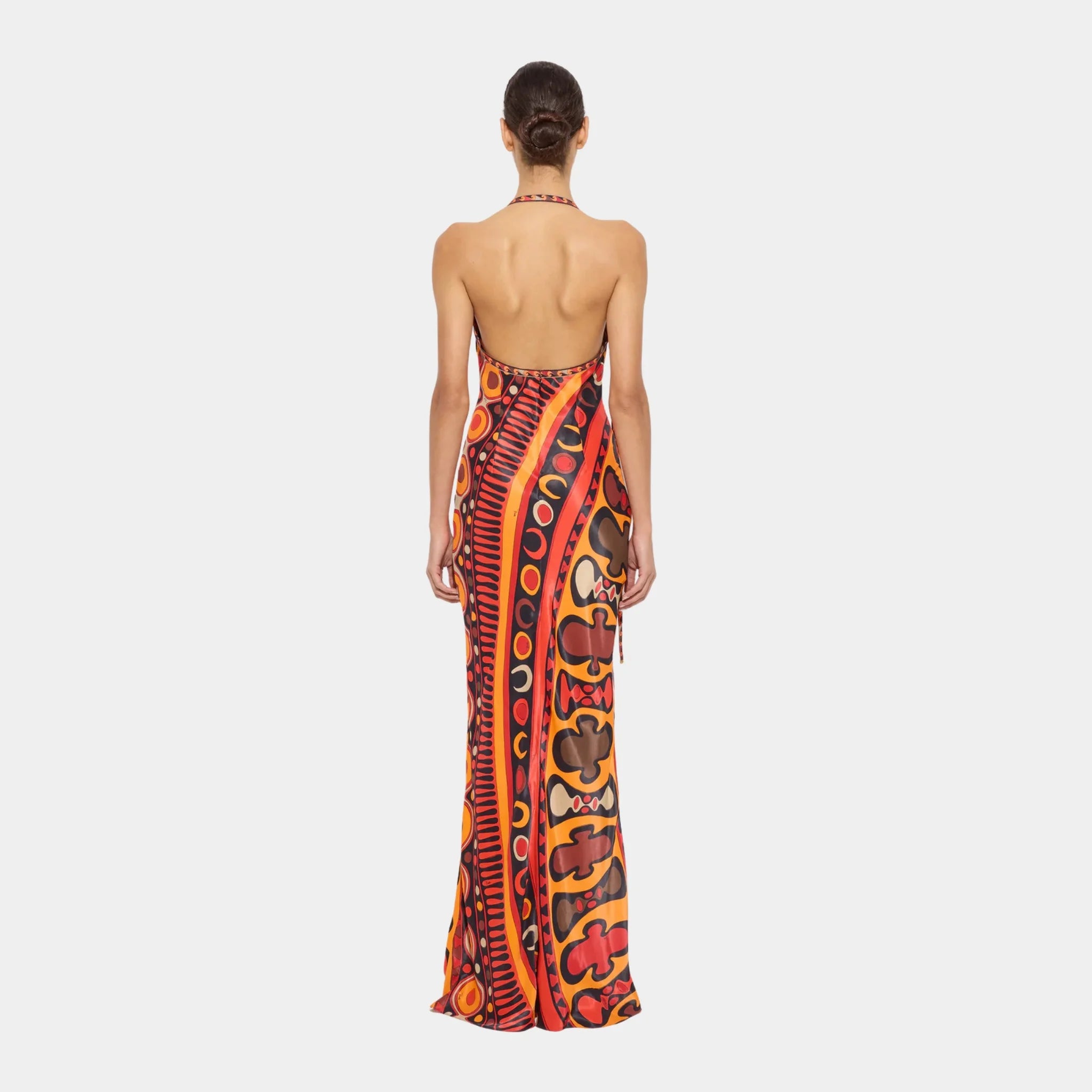 Pucci Soleil Print Satin Dress, Orange Black, Model, Back