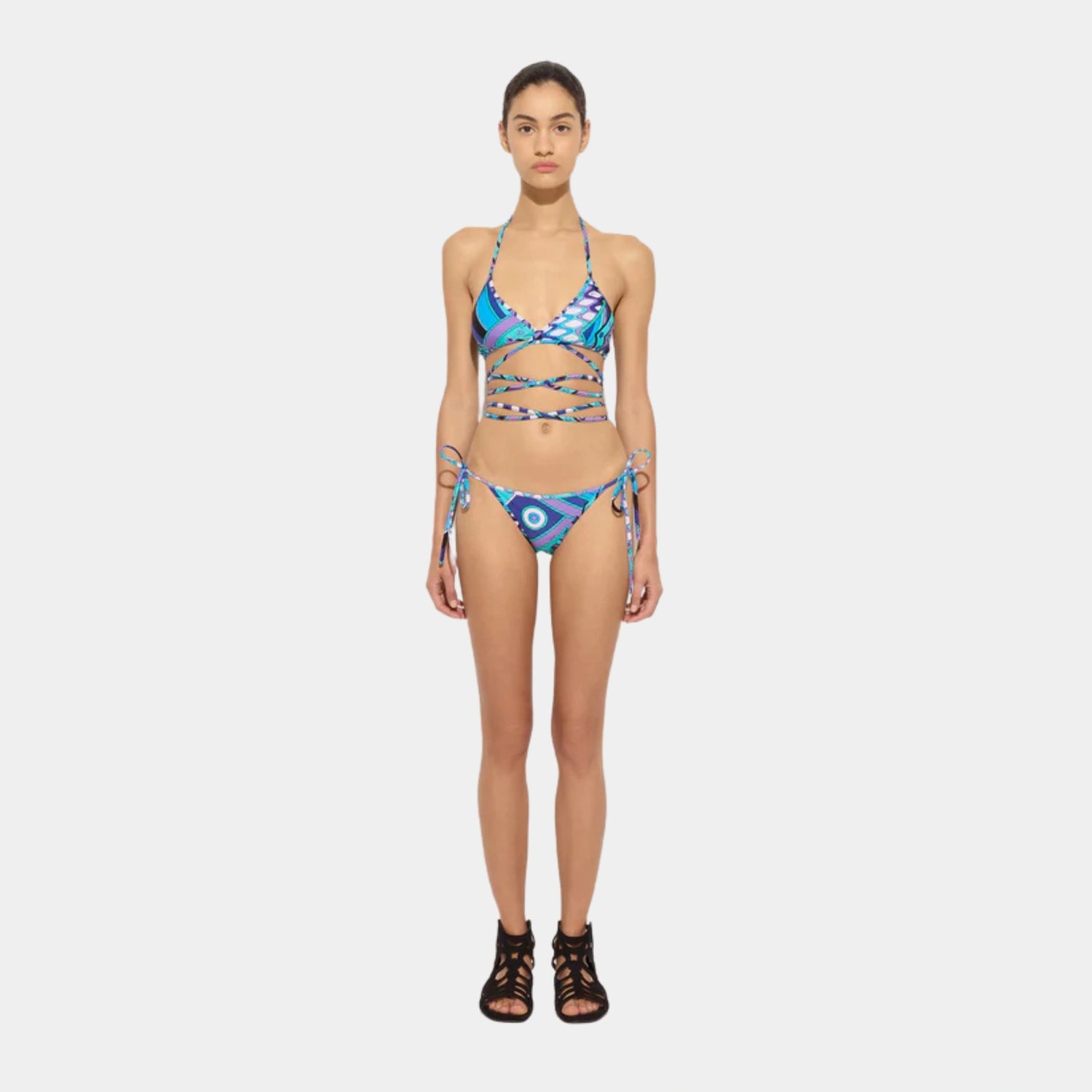 Pucci Vivara Print Bikini Bottom, Turquoise, Model, Front
