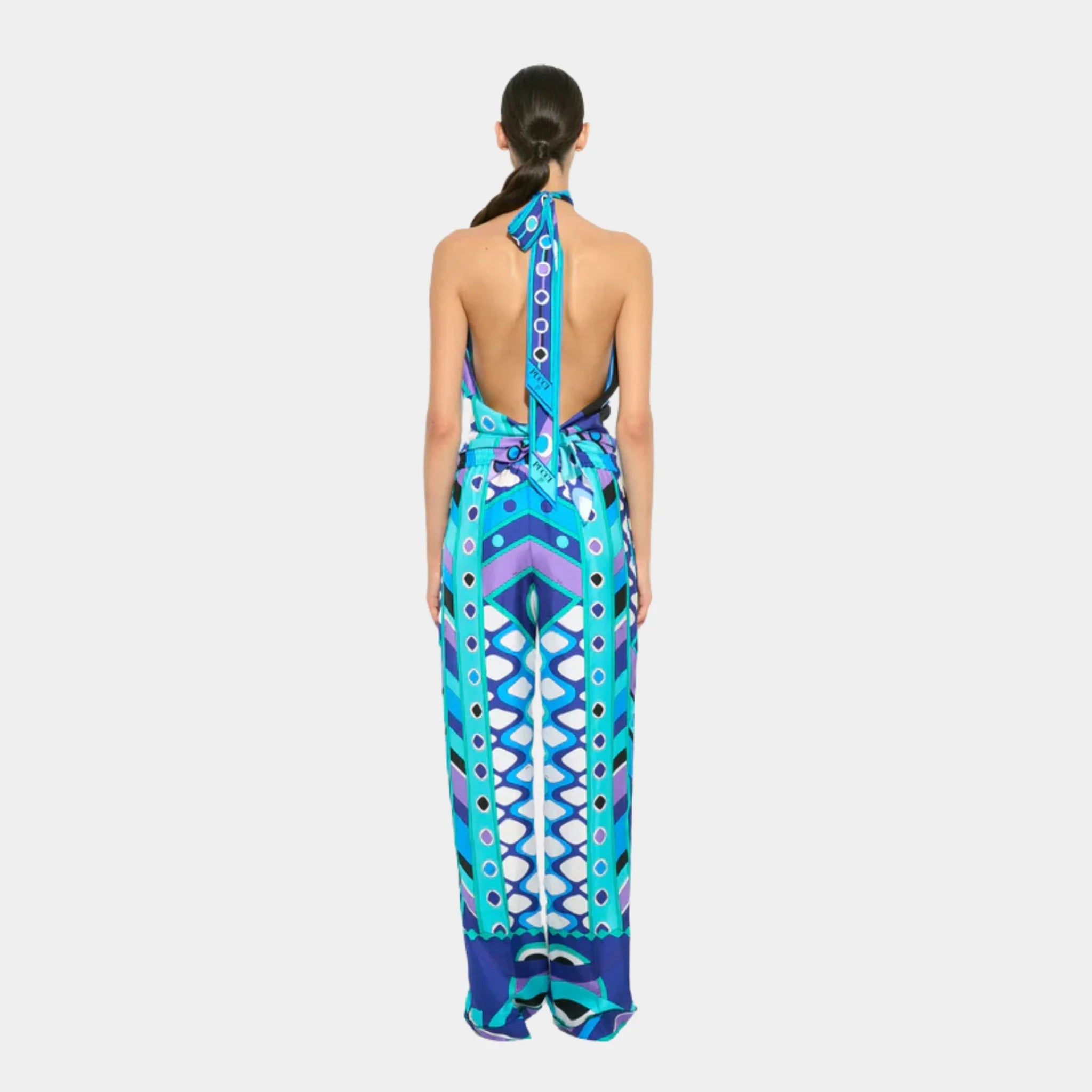 Pucci Vivara Print Silk Pants, Turquoise, Model, Back