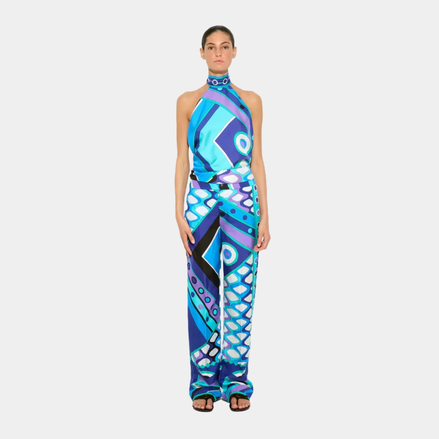 Pucci Vivara Print Silk Pants, Turquoise, Model, Front
