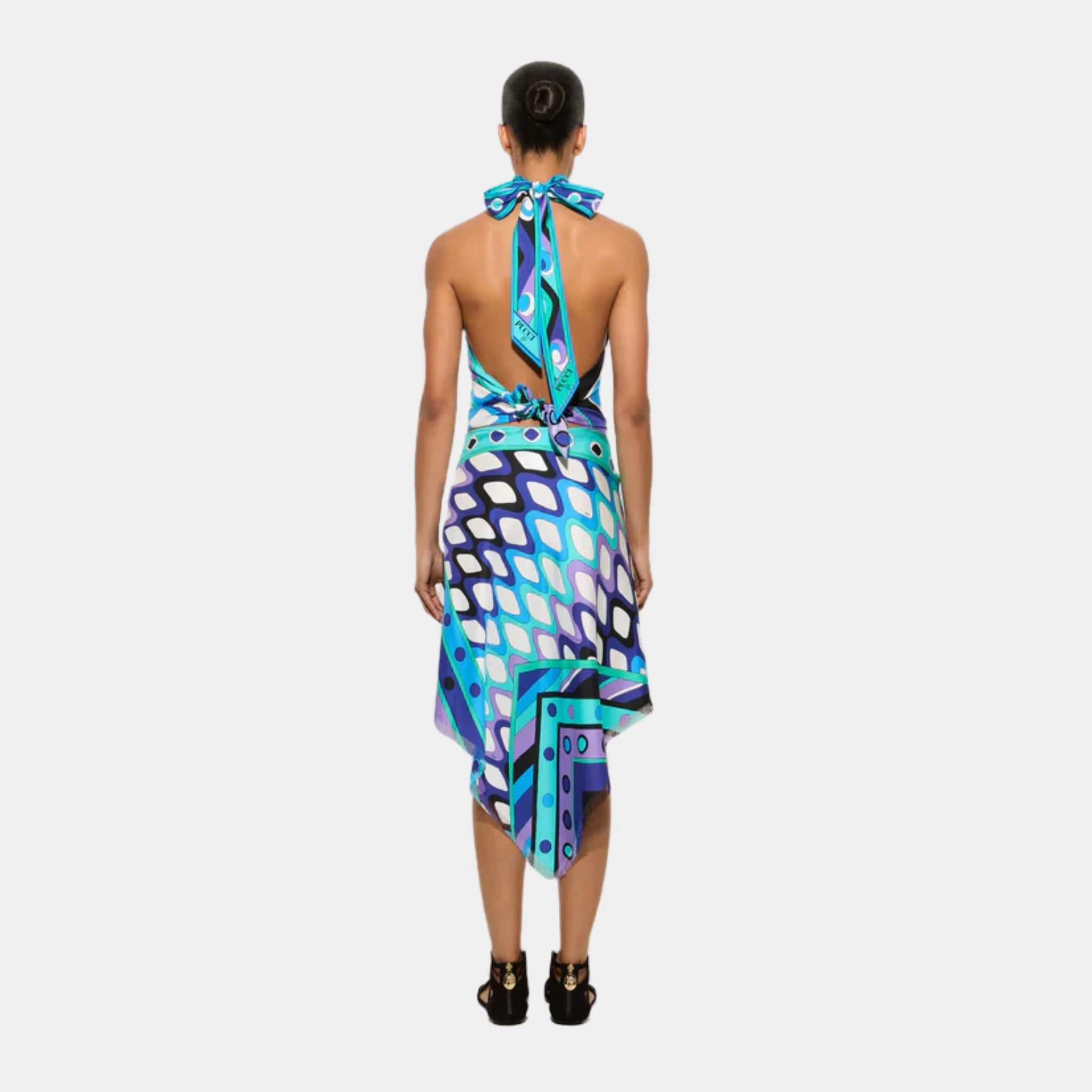 Pucci Vivara Print Silk Skirt, Turquoise, Model, Back