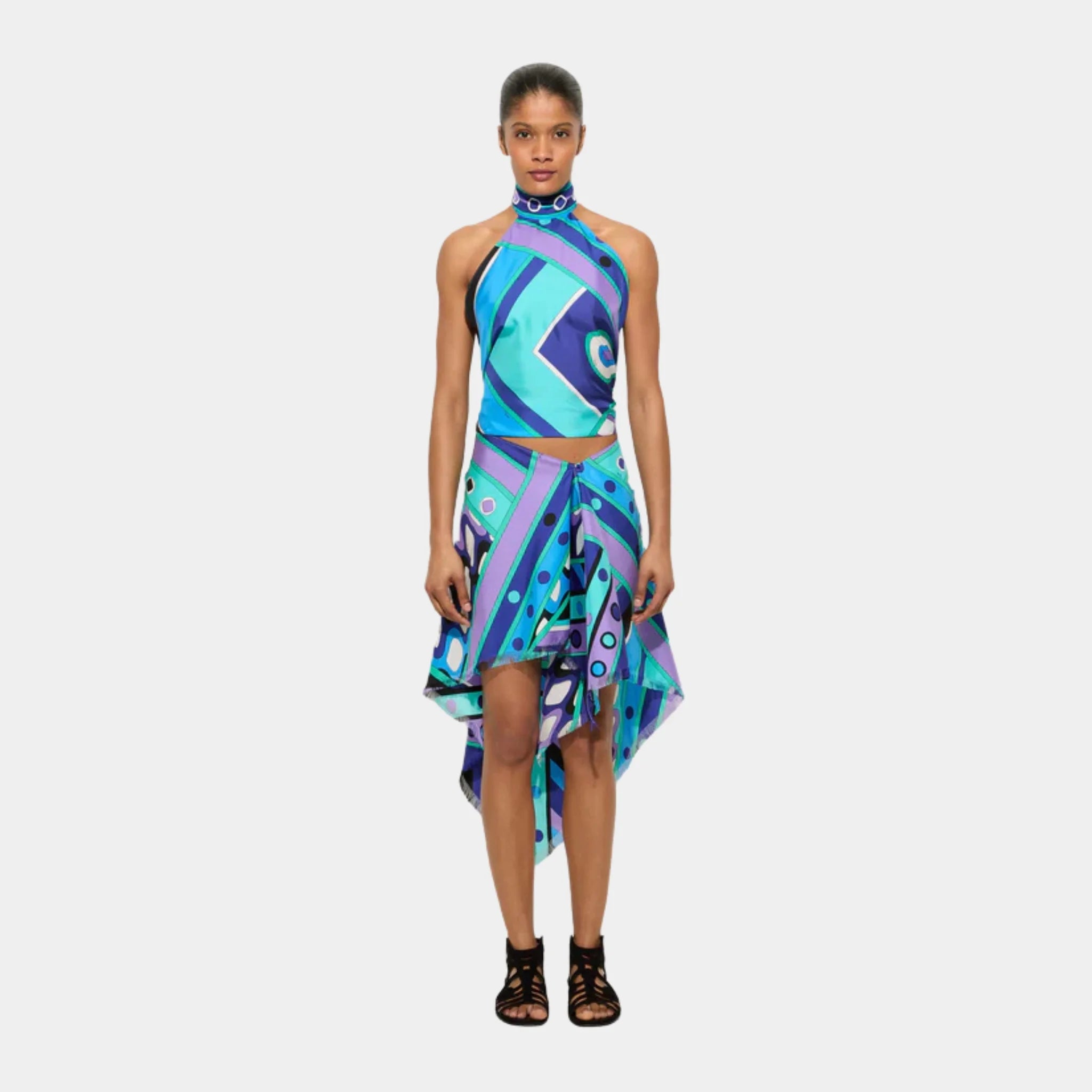 Pucci Vivara Print Silk Skirt, Turquoise, Model, Front