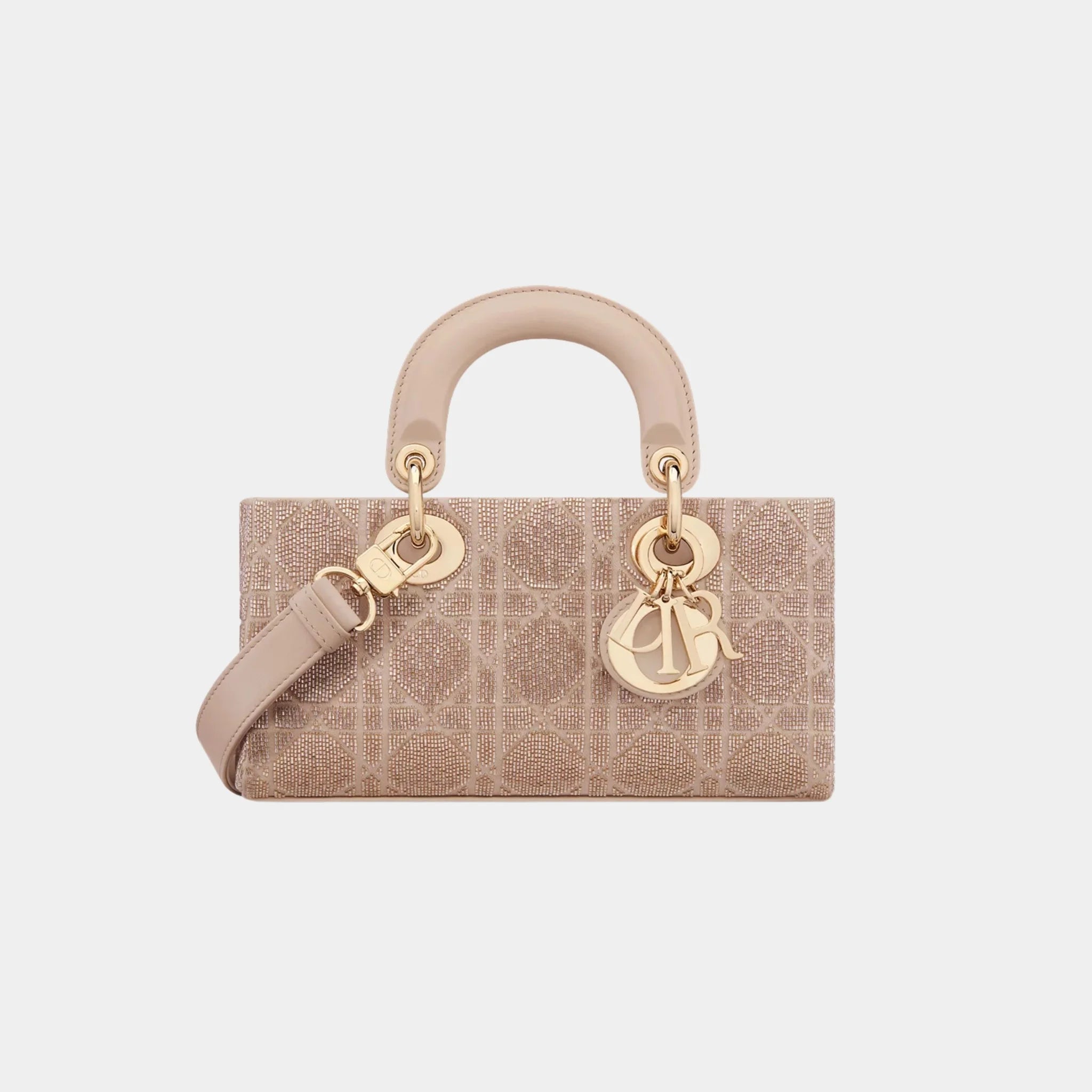 Dior Small Lady D-Joy Bag Microbead-Embroidered Cotton, Caramel Beige, Front