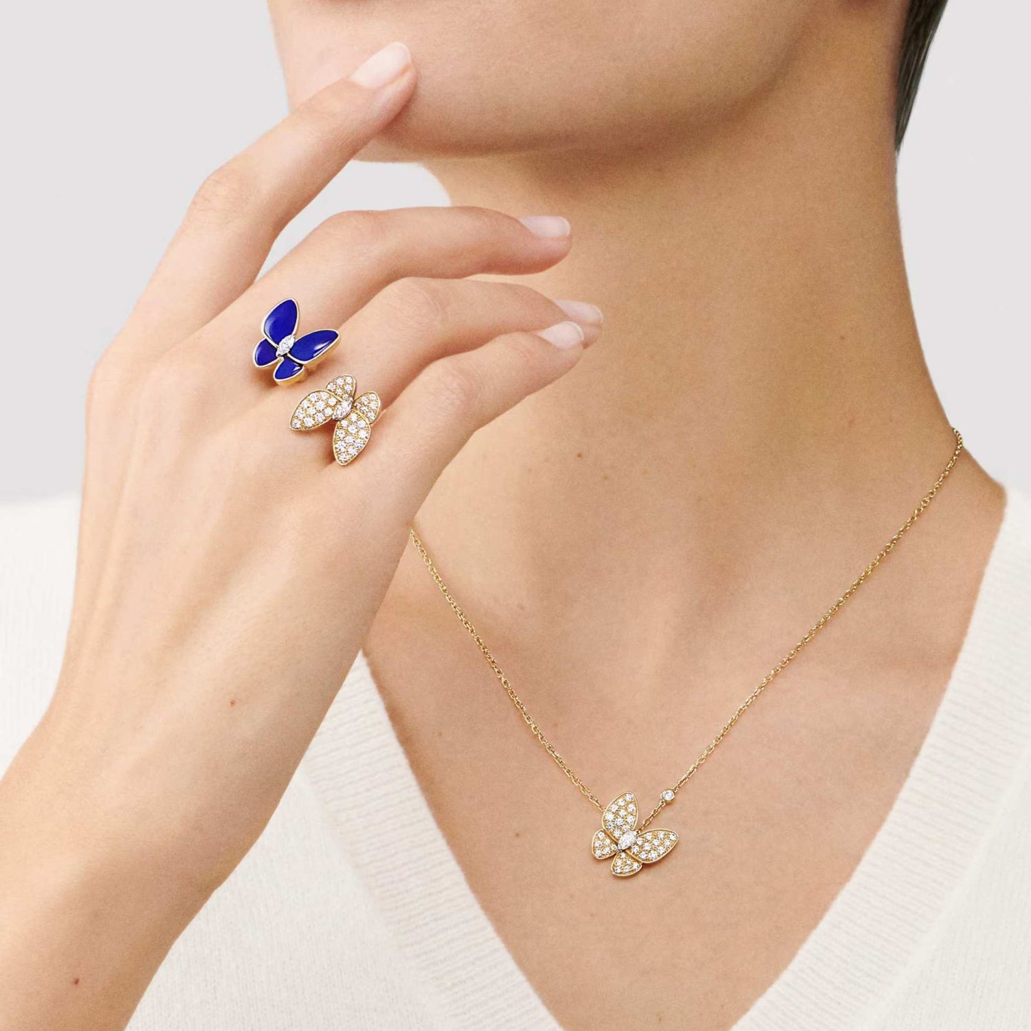 Two Butterfly Between The Finger Ring Yellow Gold Diamond Lapis Lazuli, Model