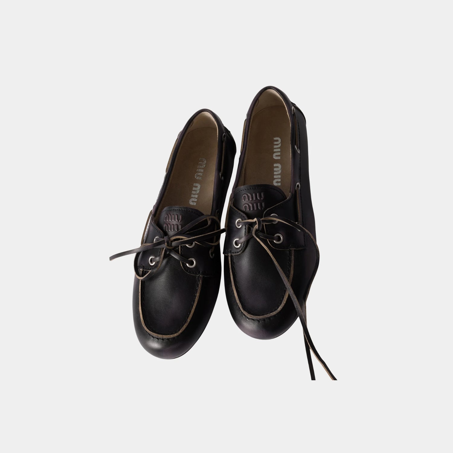 Miu Miu Unlined Bleached Leather Boat Shoes in Calfskin, Black, Top