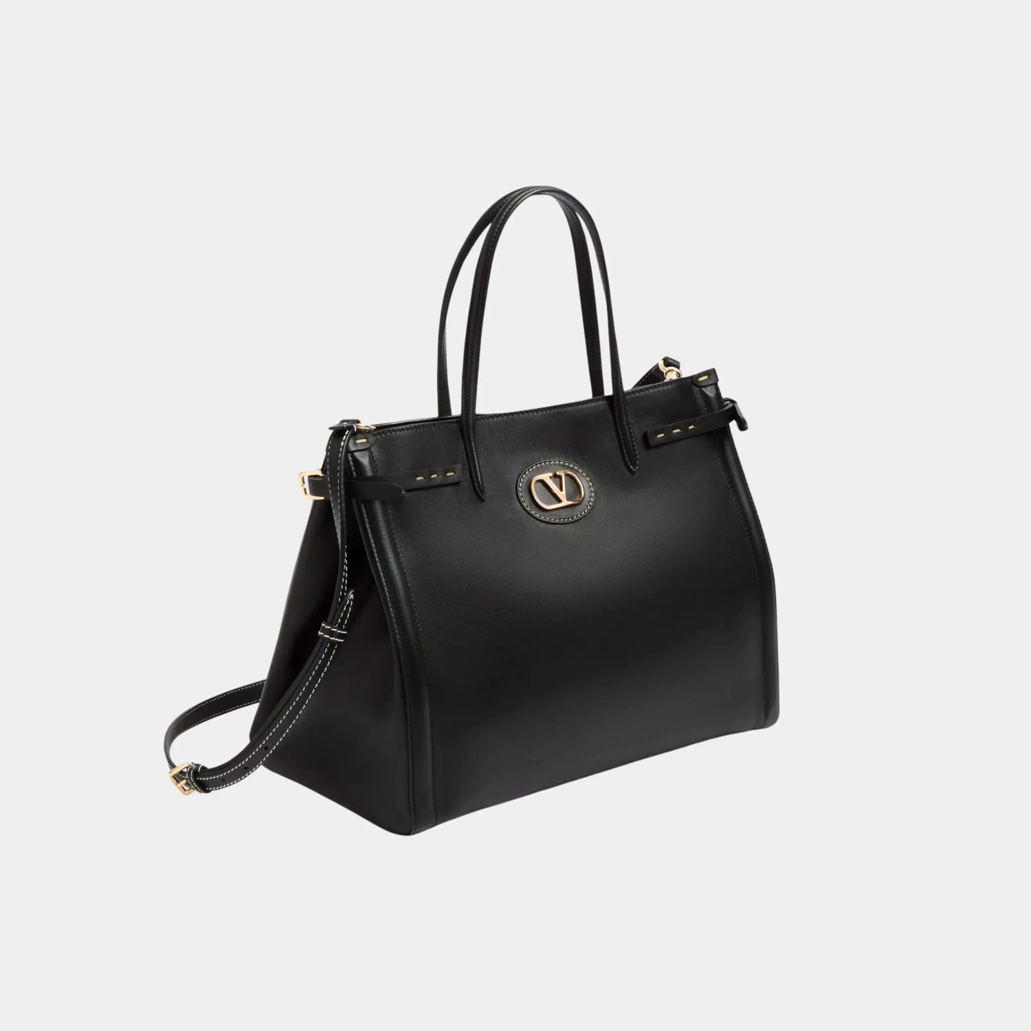 Valentino Antibes Medium Calfskin Shopping Bag, Black, Side