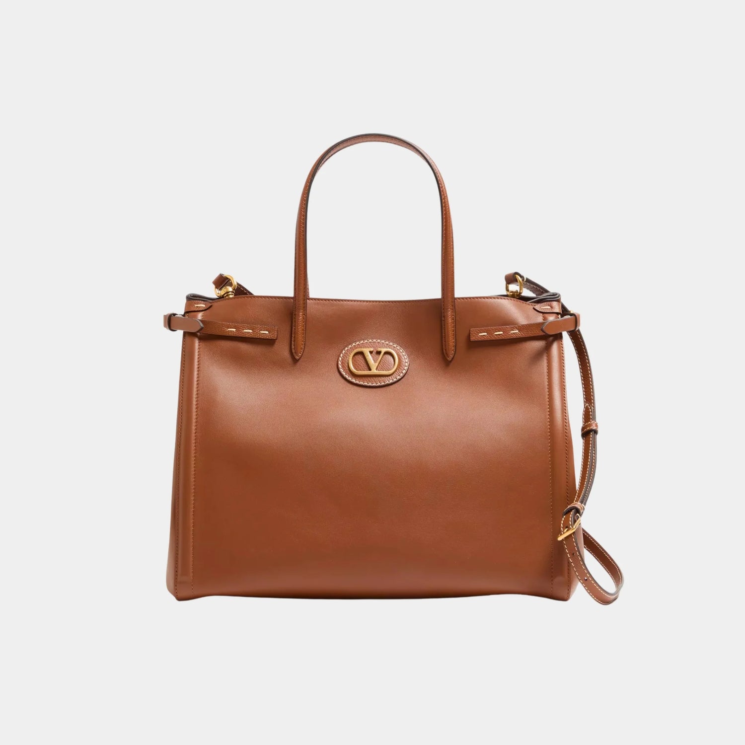 Valentino Antibes Medium Calfskin Shopping Bag, Tobacco, Front