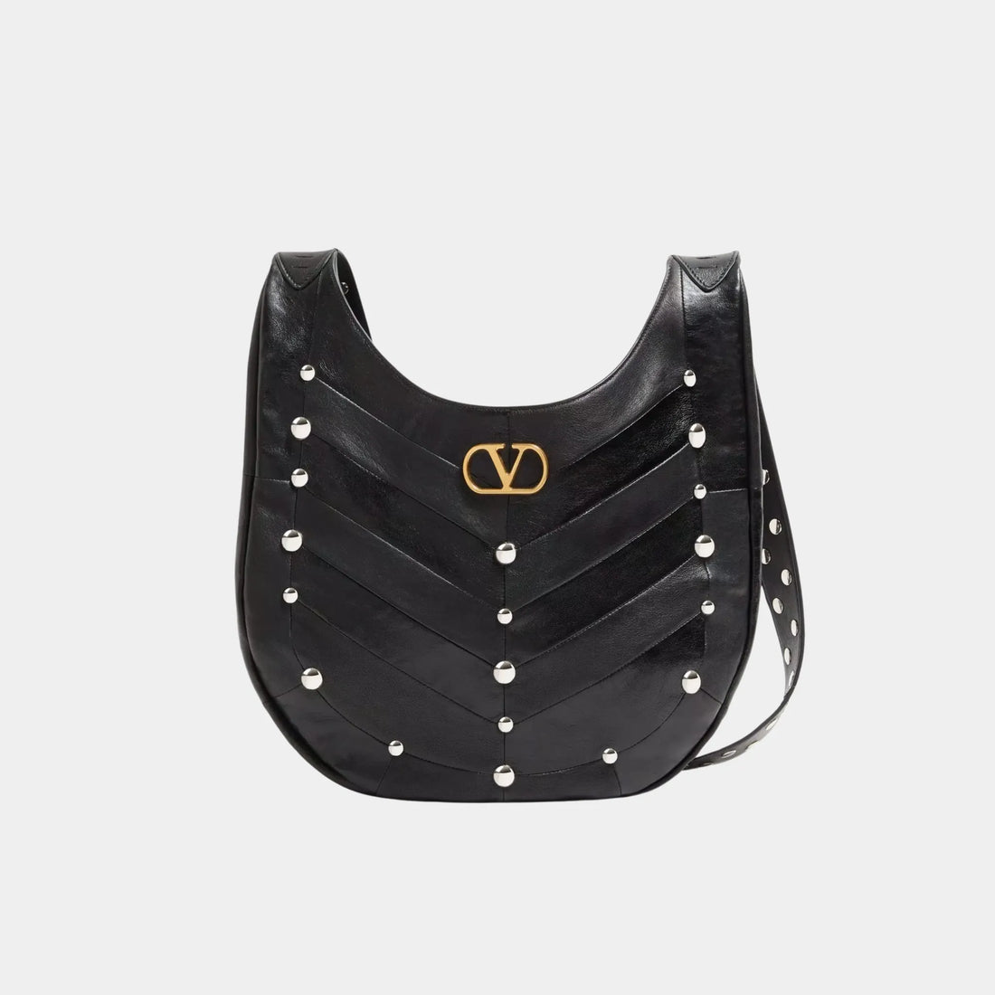 Valentino Hoboho Bag In Chevron Patterned Nappa Leather with Studs, Black, Front