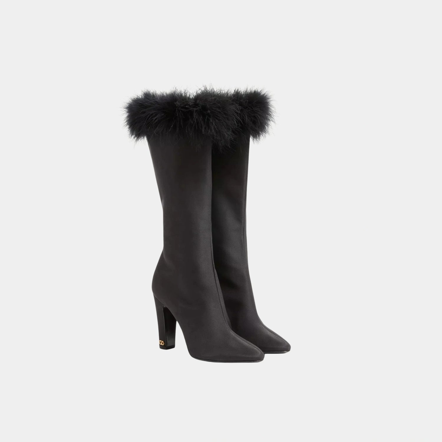Valentino Hotty Shantung Fabric Boot With Feathers, 100mm, Black, Front