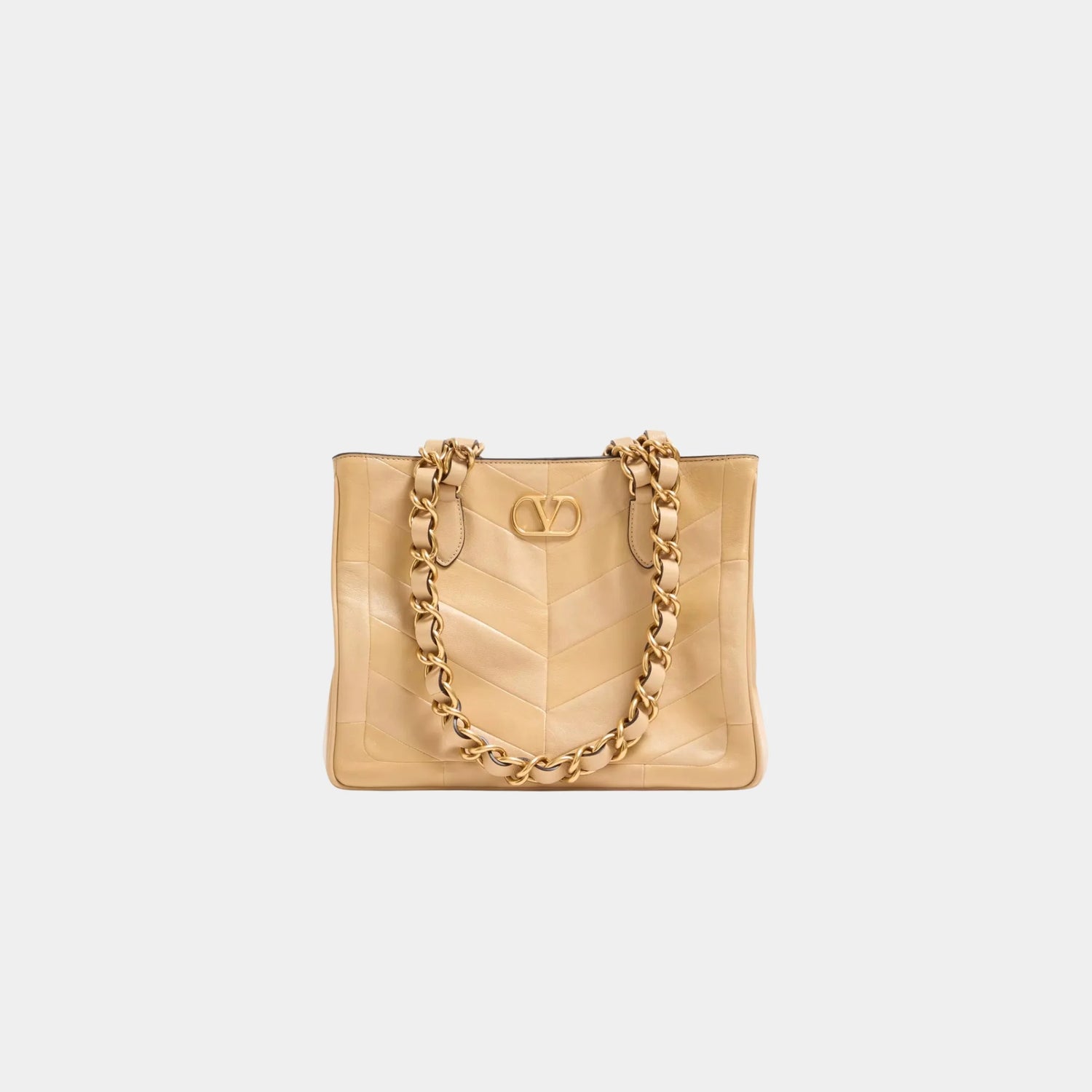 Valentino Laseine Small Shopping Bag in Chevron Nappa Leather, Gold Beige, Front