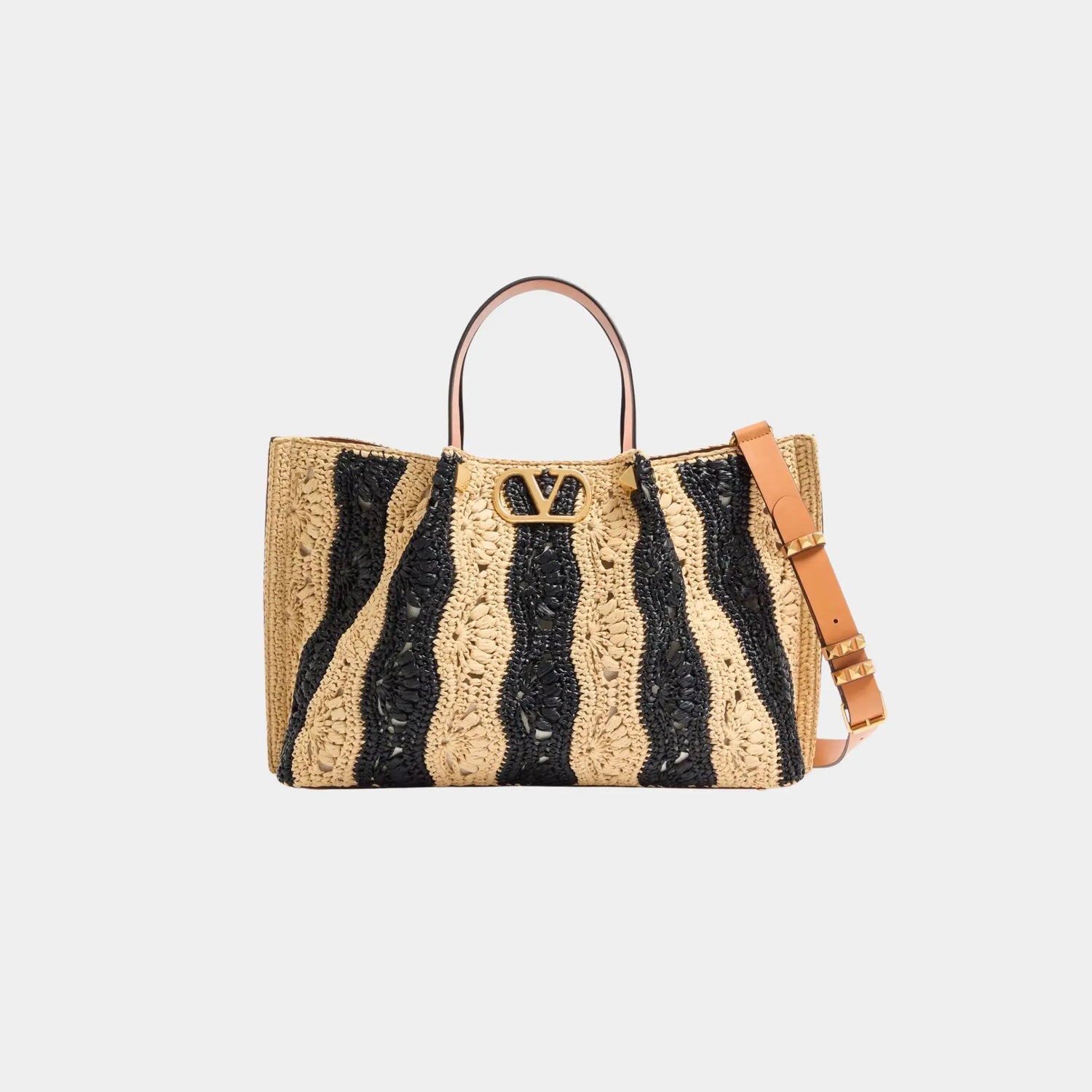 Valentino Garavani Medium Raffia Shopping Bag with Wave Motif, Front