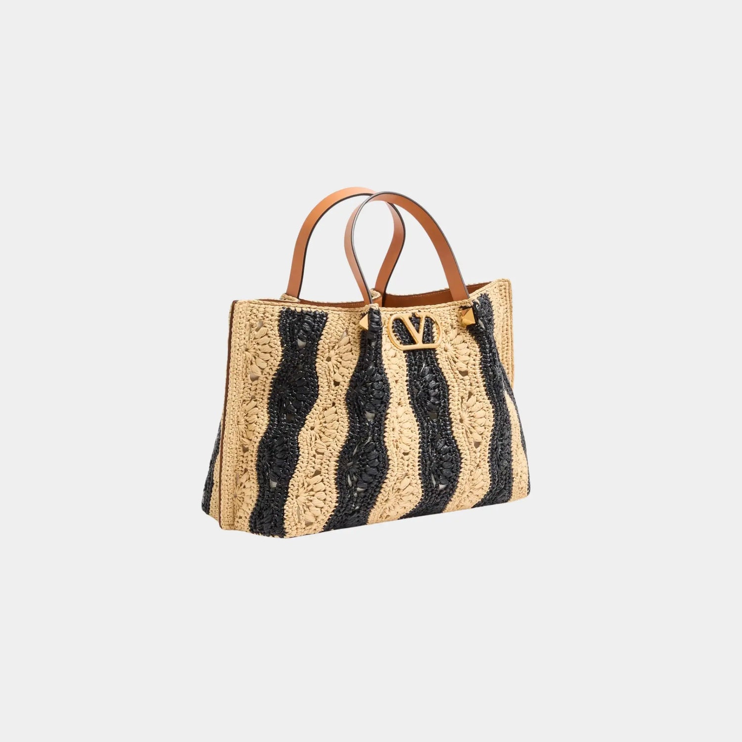 Valentino Garavani Medium Raffia Shopping Bag with Wave Motif, Side