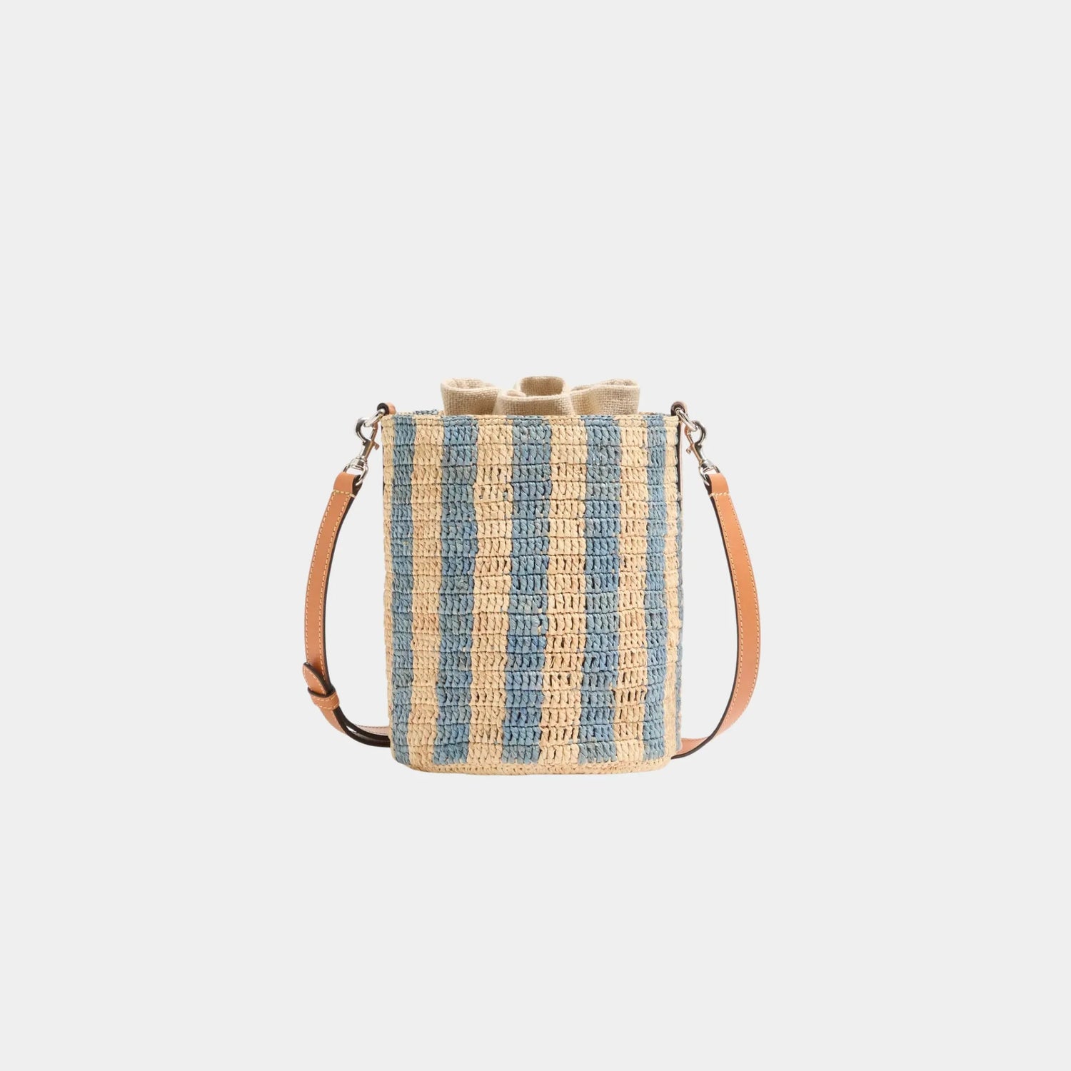 Valentino Garavani Small Bucket Bag in Striped Raffia, Natural, Azure, Back