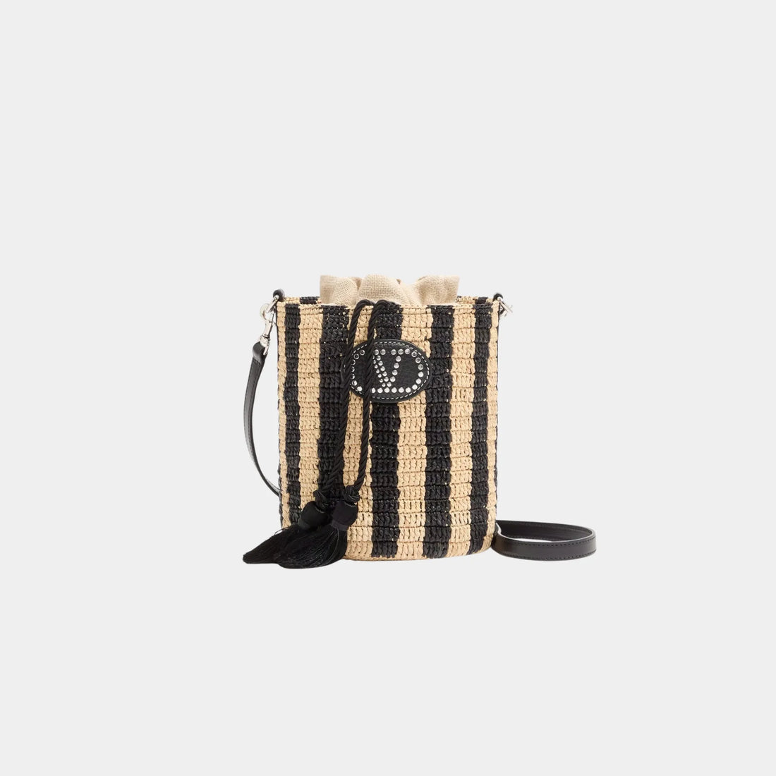 Valentino Garavani Small Bucket Bag in Striped Raffia, Natural, Black, Front