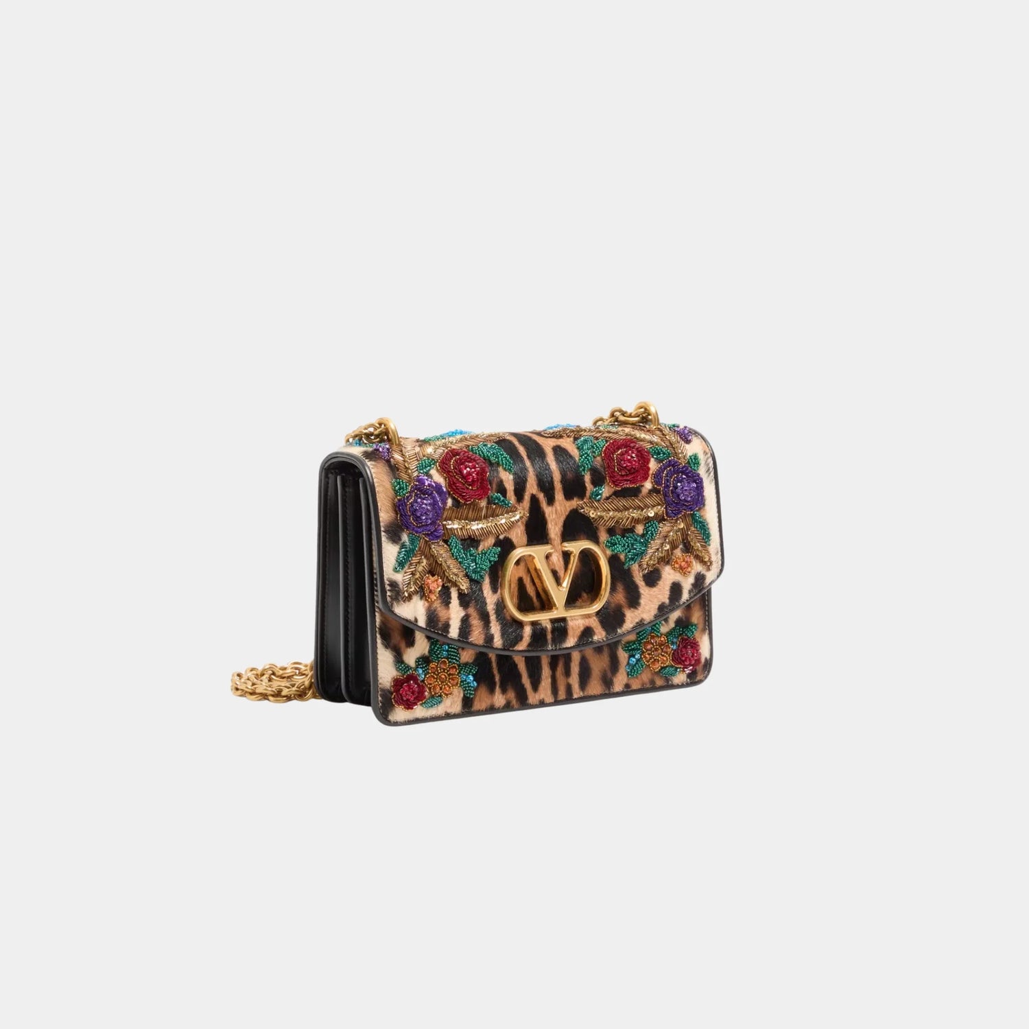 Valentino Vain Shoulder Bag in Embroidered Pony Effect Kidskin Leather, Side