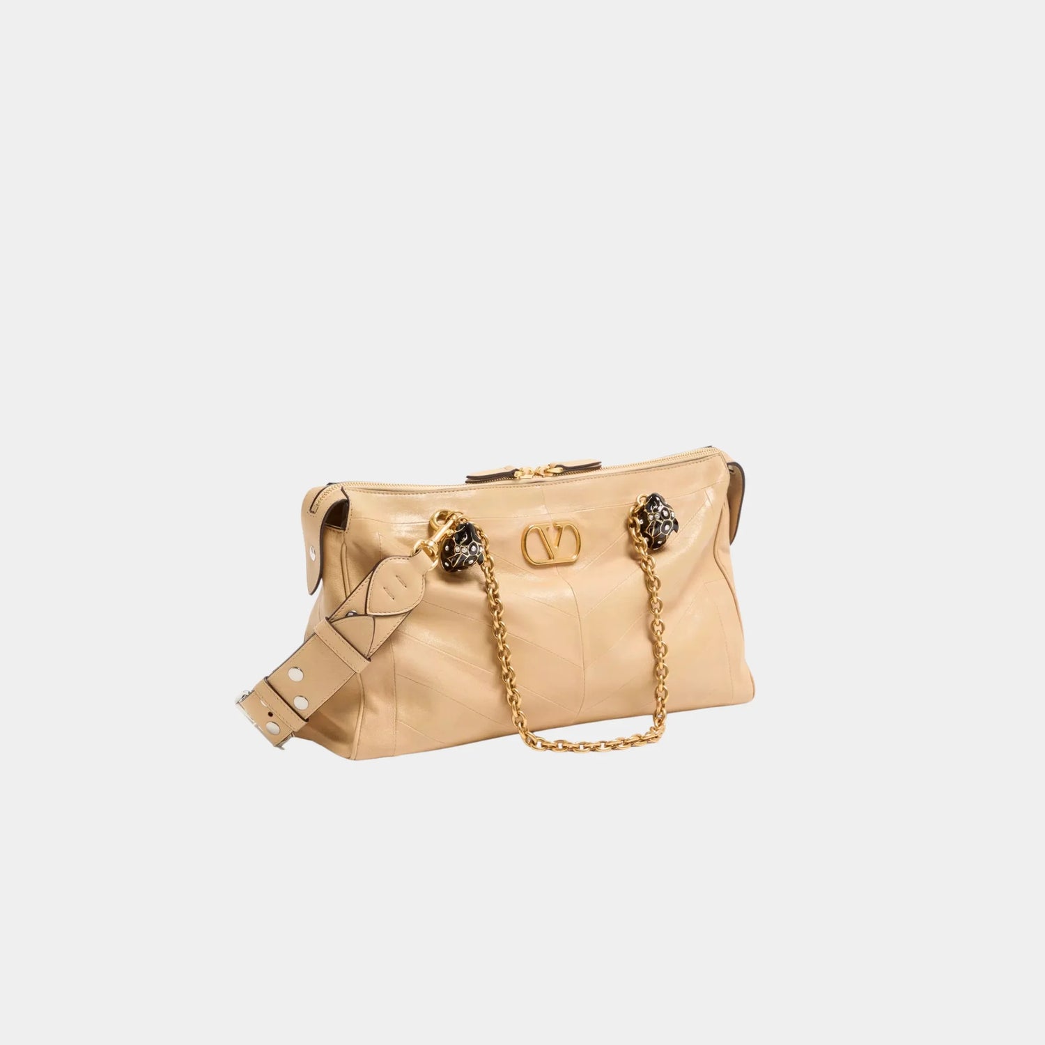 Valentino Garavani Panthea Shoulder Bag in Chevron Nappa Leather, Gold Beige, Side