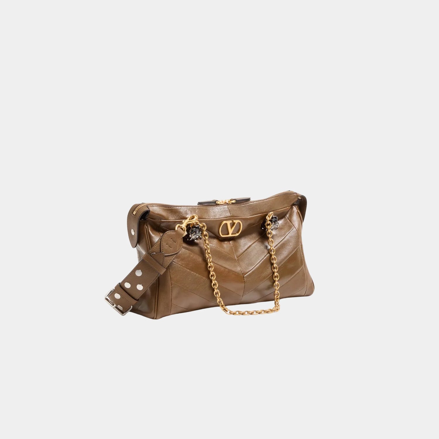 Valentino Garavani Panthea Shoulder Bag in Chevron Nappa Leather, Tundra, Side
