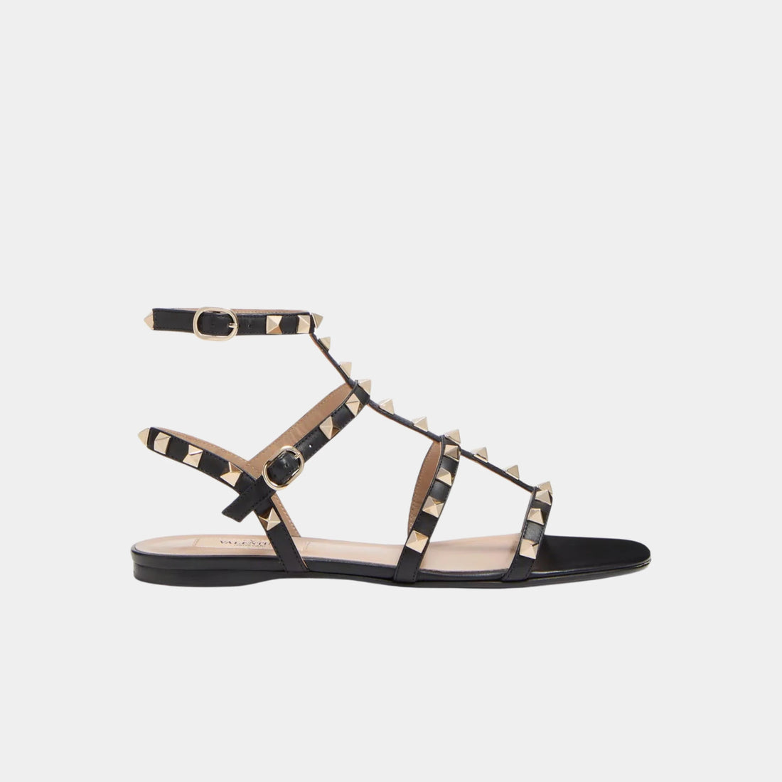 Valentino Rockstud Flat Calfskin Sandal With Straps, Black, Side