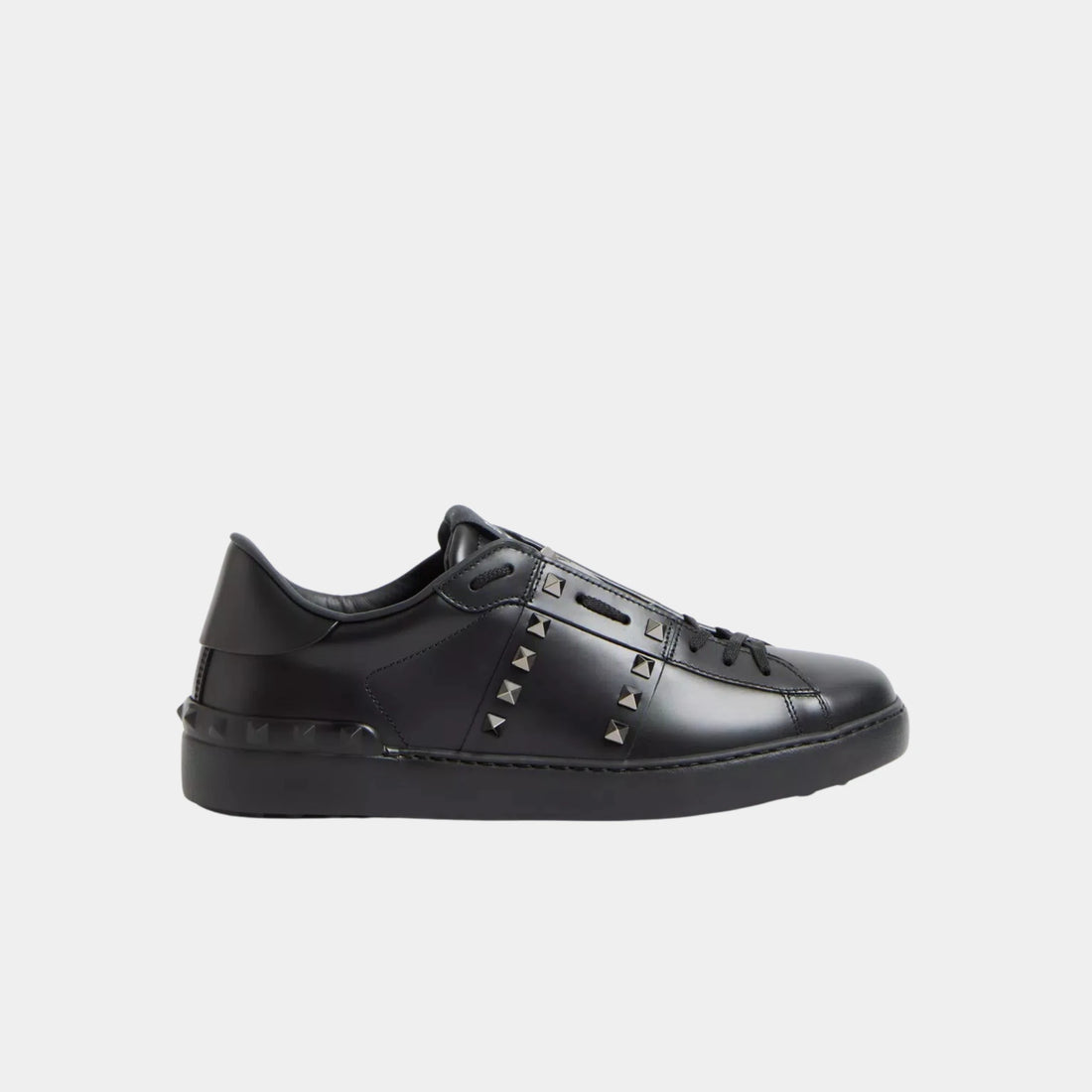 Valentino Rockstud Untitled Sneaker in Calfskin Leather, Black, Side