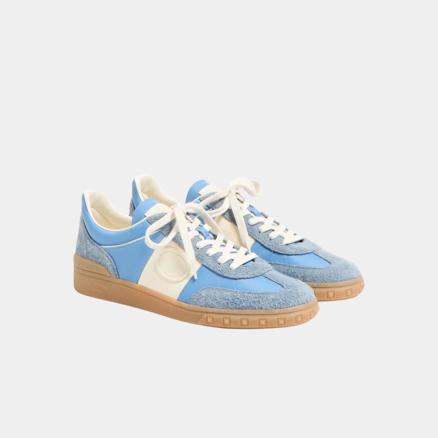 Valentino Upvillage Sneaker in Crust Leather and Nylon, Azure, Ivory, Front