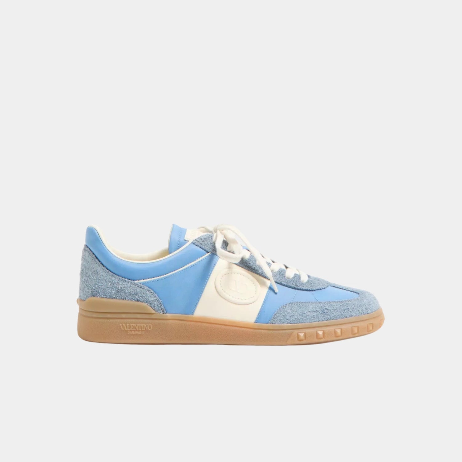 Valentino Upvillage Sneaker in Crust Leather and Nylon, Azure, Ivory, Side