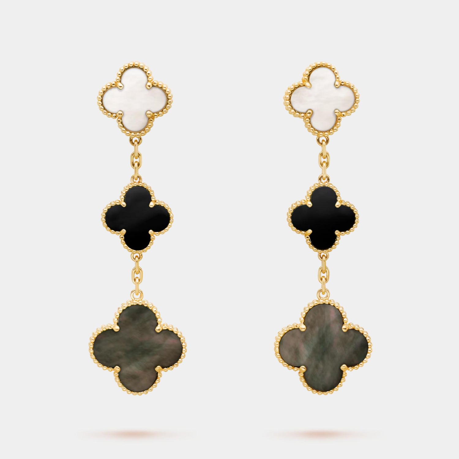 Van Cleef &amp; Arpels Magic Alhambra earrings 3 motifs Gold Pearl Onyx, Front