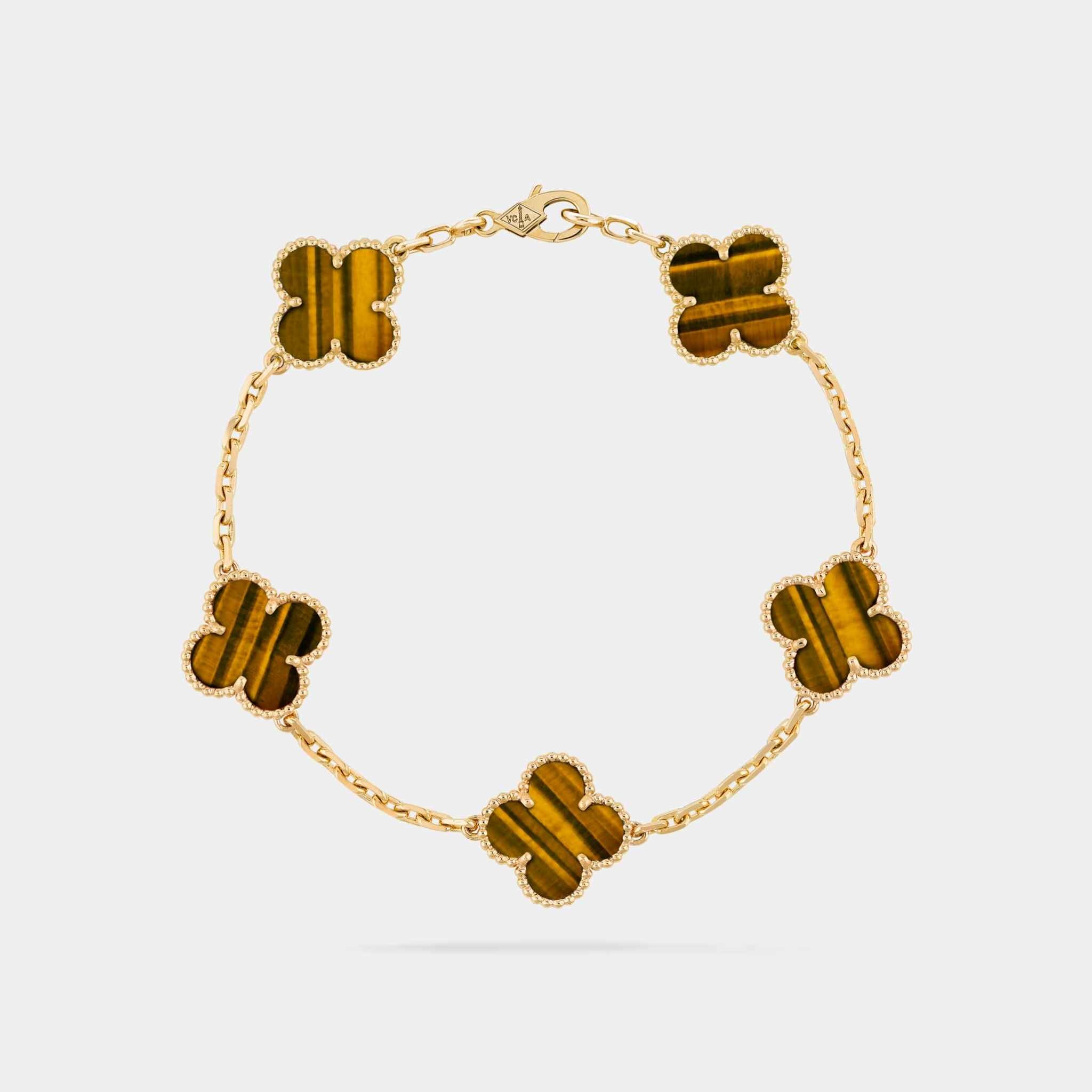 Van Cleef &amp; Arpels Alhambra Vintage Gold Motifs Bracelet Tiger Eye, Linked View
