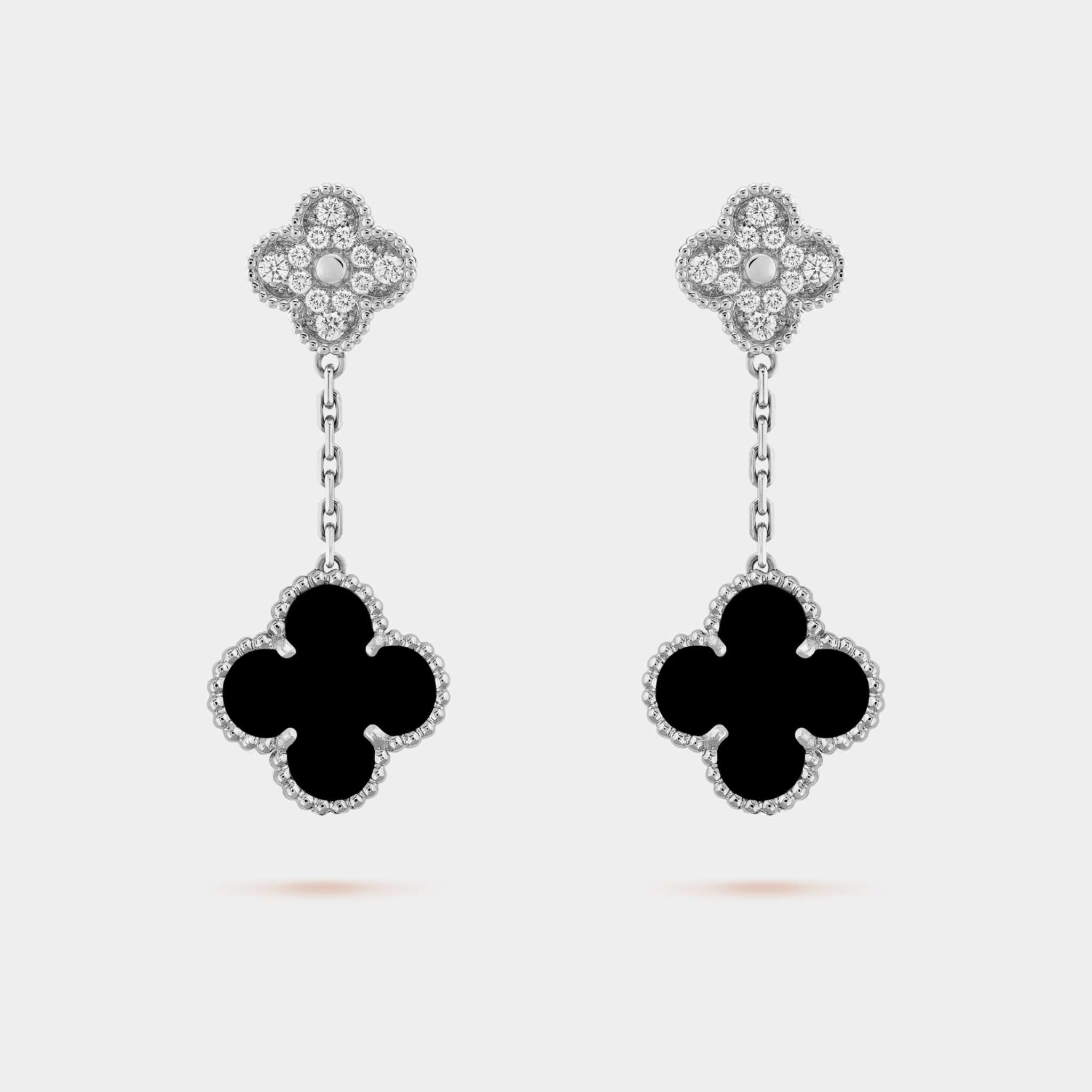 Van Cleef &amp; Arpels Magic Alhambra Earrings 2 motifs Gold Diamond Onyx, Front