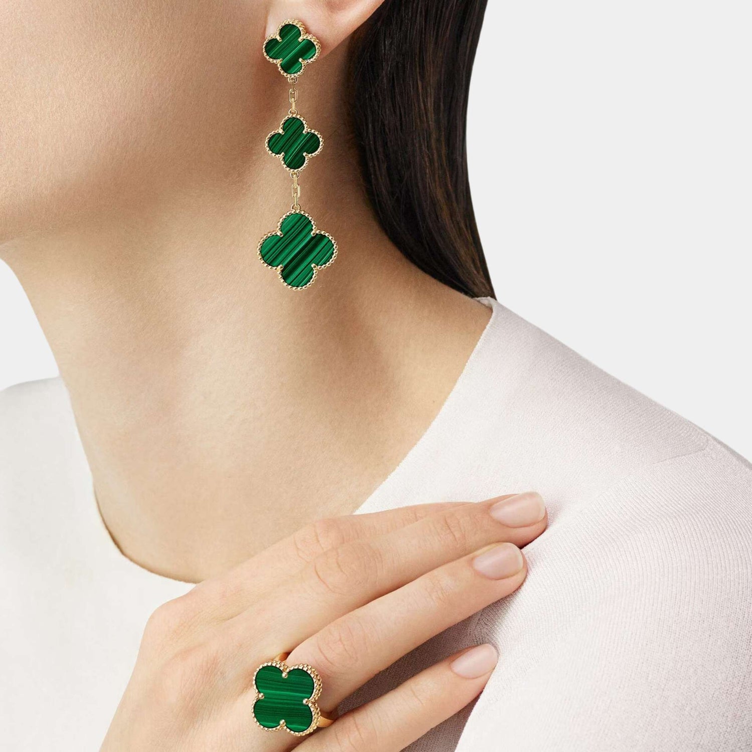 Van Cleef &amp; Arpels Magic Alhambra Earrings 3 Motifs Gold Malachite, Model