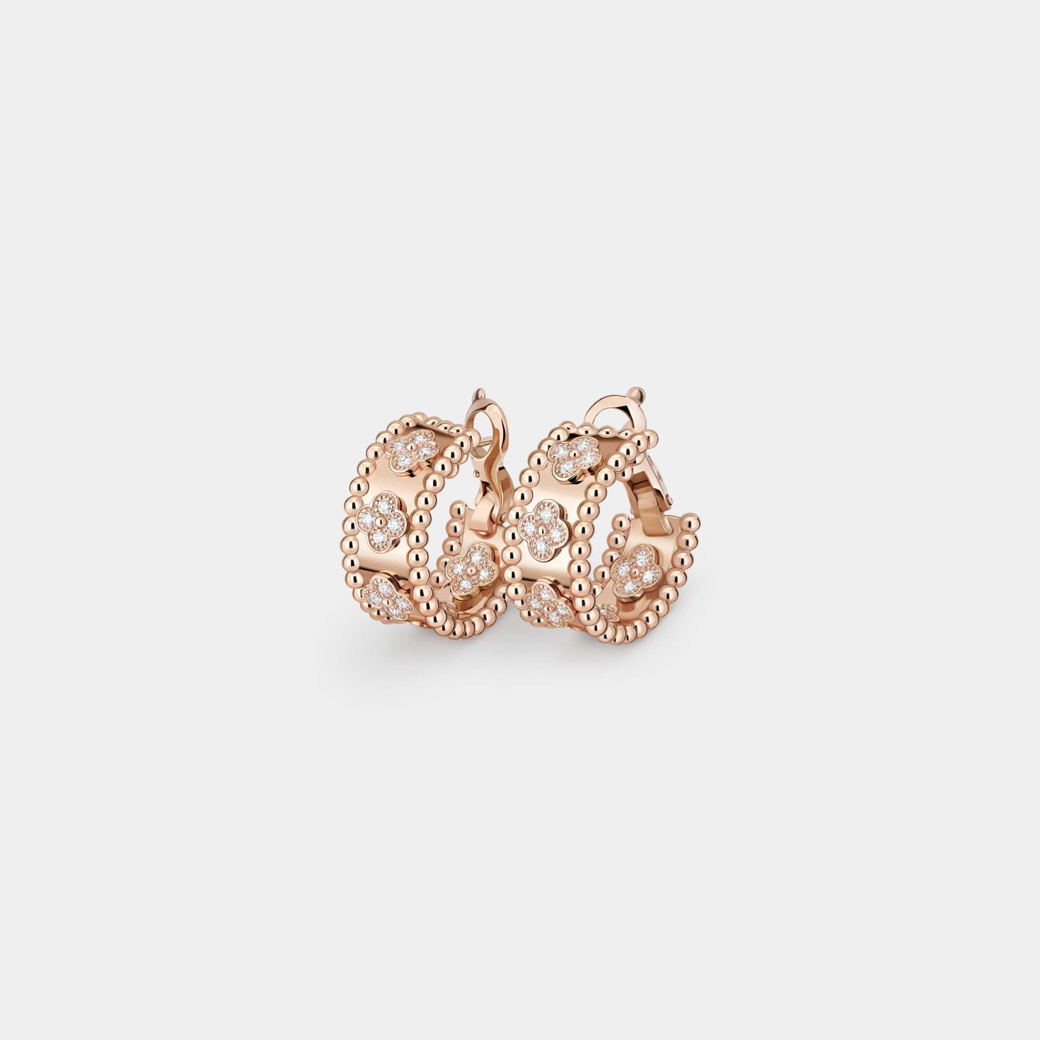 Van Cleef &amp; Arpels Perlée Clovers Hoop Earrings Rose Gold Diamond, Front