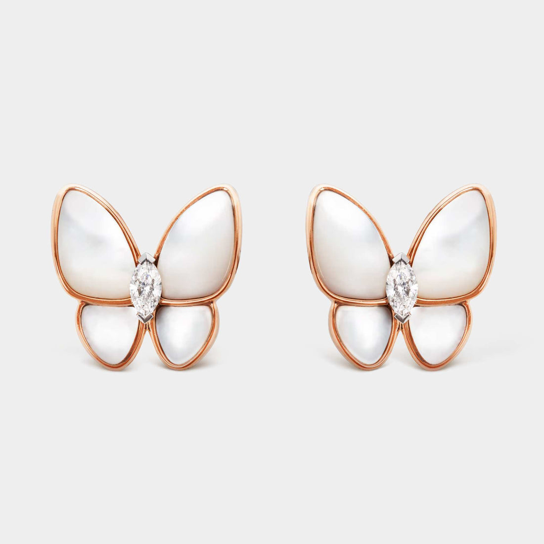 Van Cleef &amp; Arpels Two Butterfly Earrings Rose Gold Diamond Pearl,Front