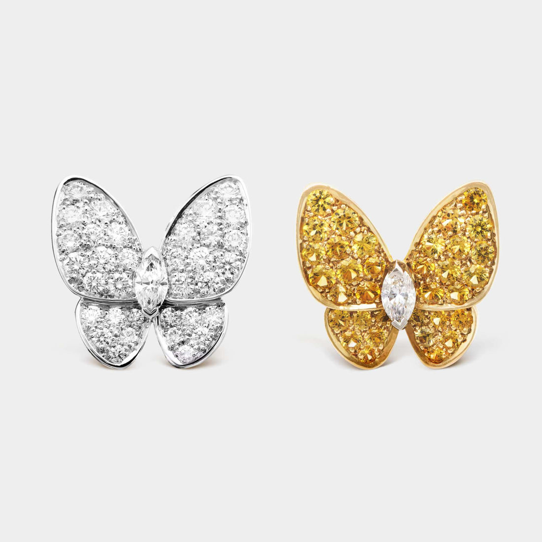 Van Cleef &amp; Arpels Two Butterfly Earrings Yellow Gold Diamond Sapphire, Front