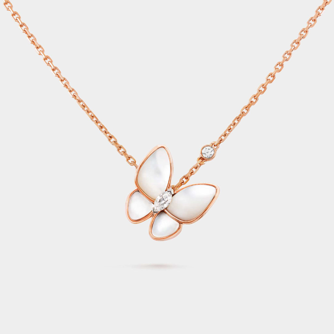 Van Cleef &amp; Arpels Two Butterfly Pendant Rose Gold Diamond With Pearl, Front