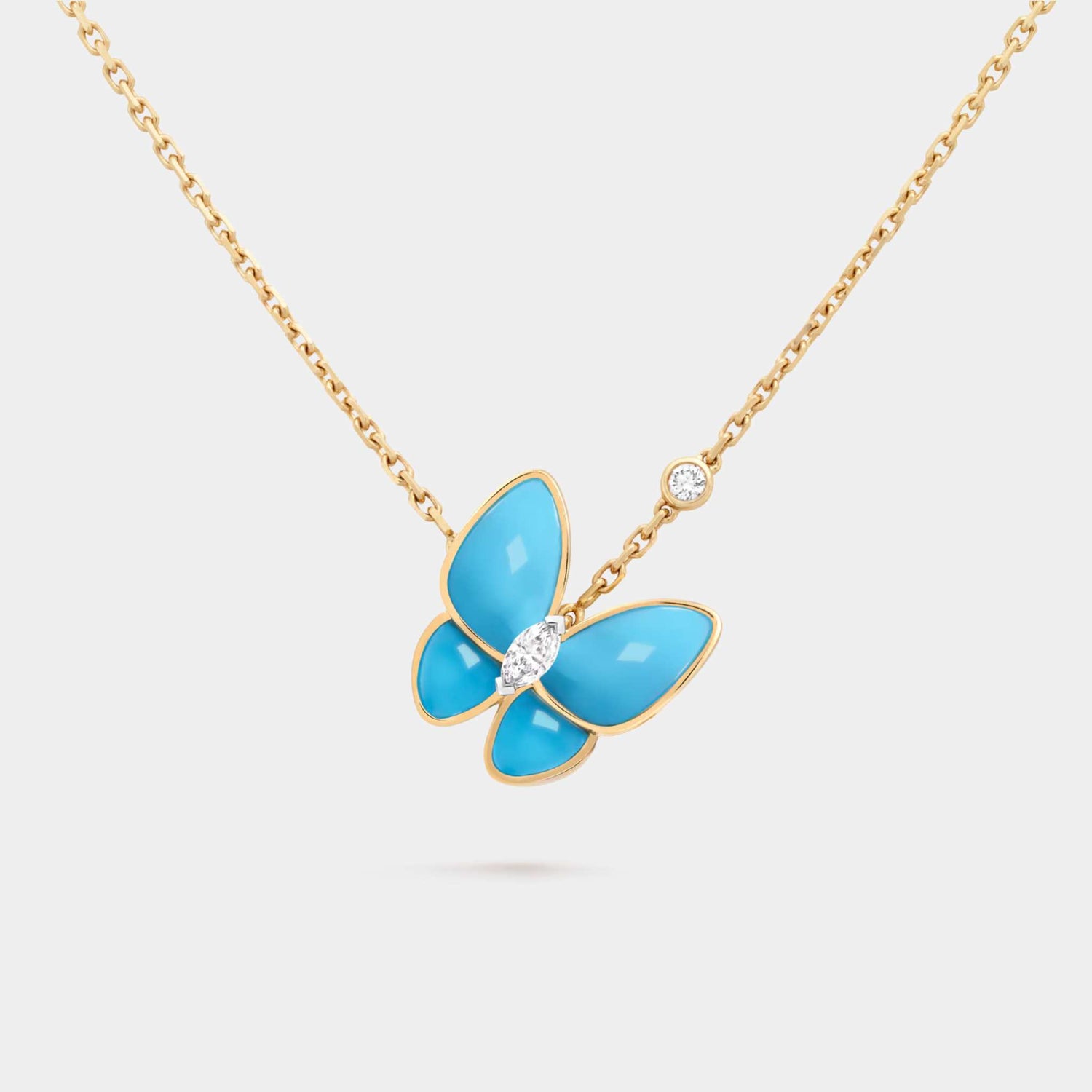 Van Cleef &amp; Arpels Two Butterfly Pendant Yellow Gold Diamond Turquoise, Front