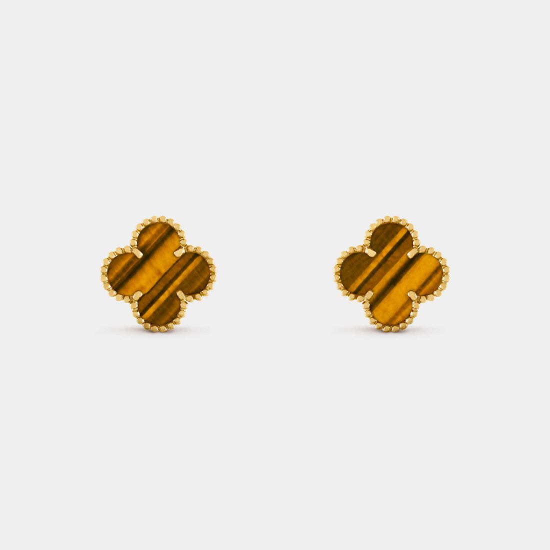 Van Cleef & Arpels Vintage Alhambra Earrings Yellow Gold Tiger Eye, Front