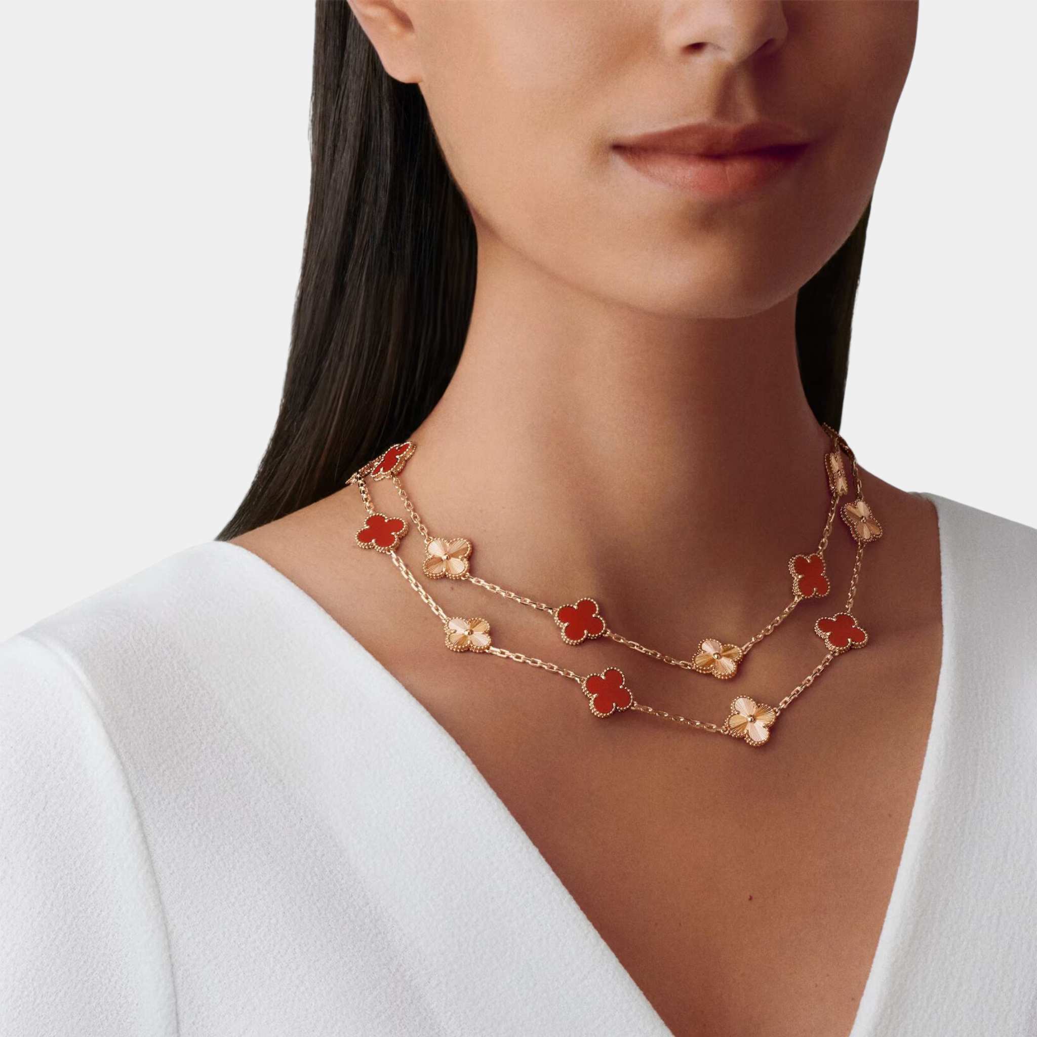 Vintage Alhambra Long Necklace 20 Motifs Rose Gold Carnelian,Model