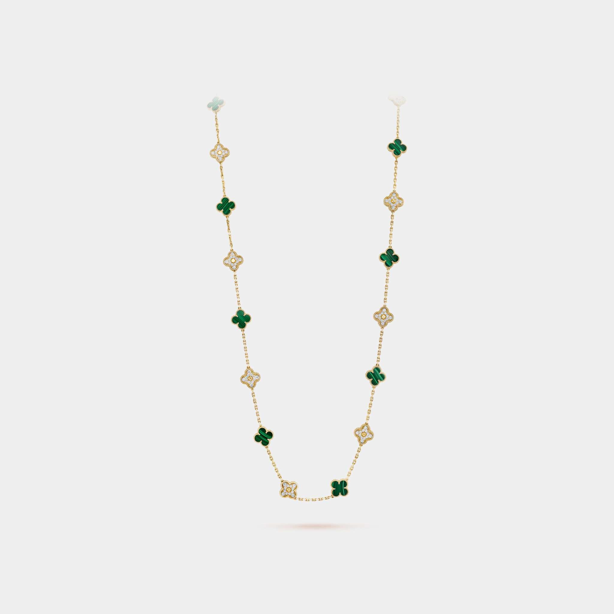 Vintage Alhambra Long Necklace 20 motifs Yellow Gold Diamond Malachite, Front