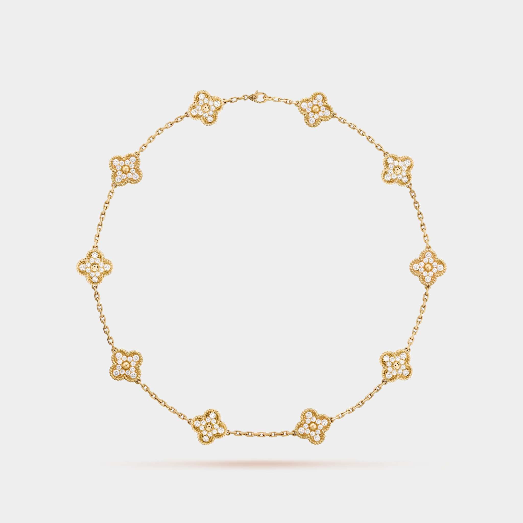 Vintage Alhambra Necklace 10 Motifs Yellow Gold Diamond, Front