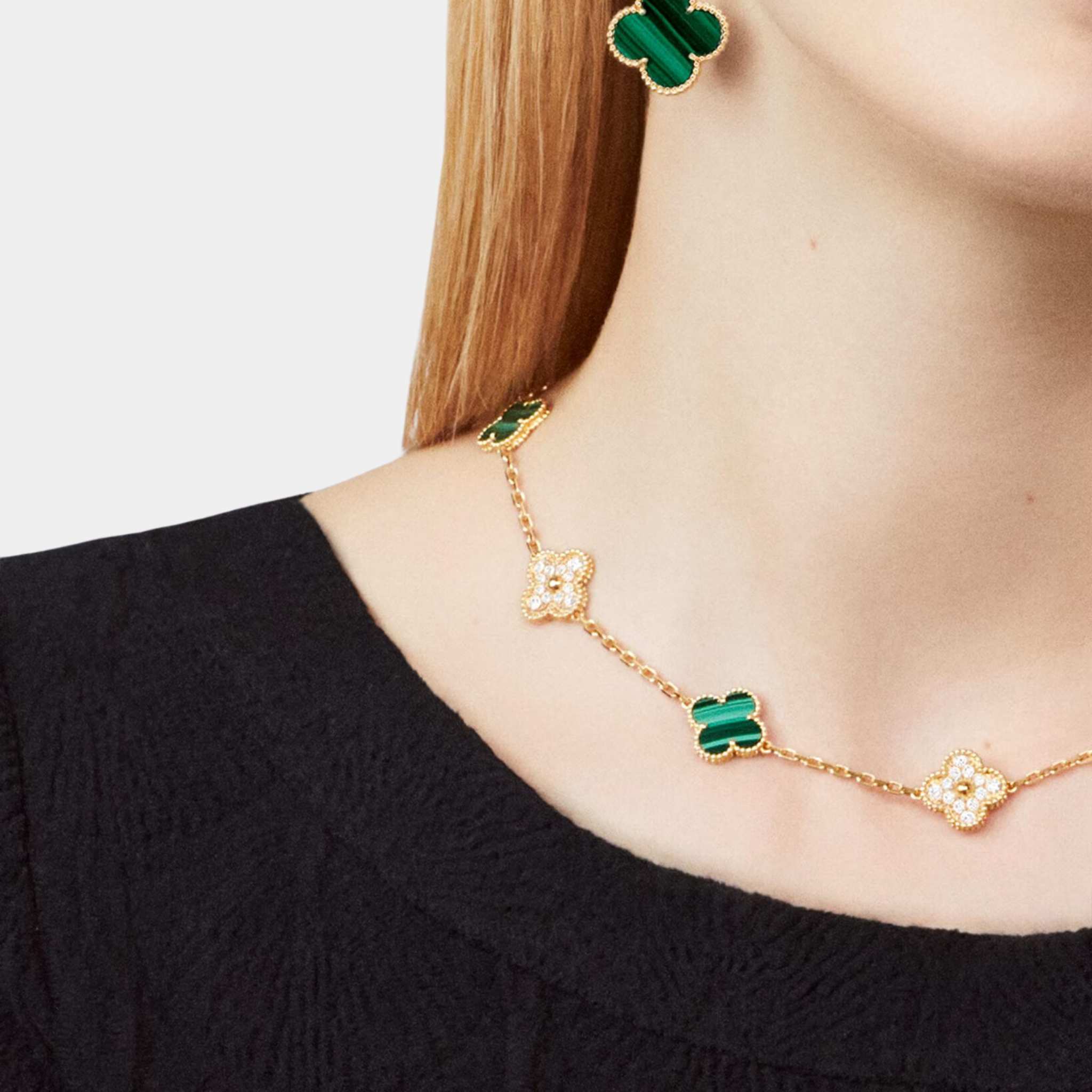 Vintage Alhambra Necklace 10 Motifs Yellow Gold Diamond Malachite, Model