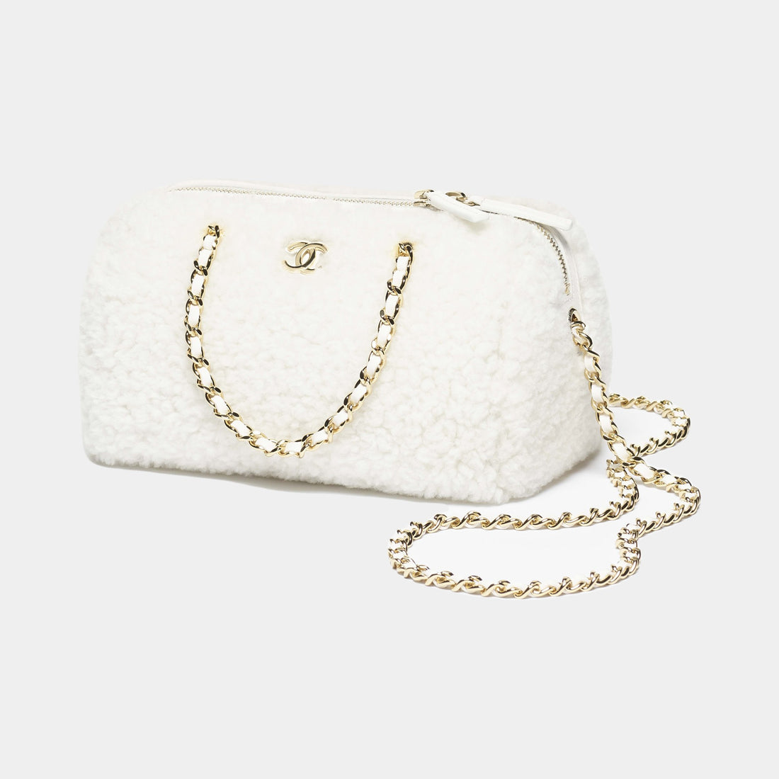 Chanel Clutch with Chain white shearling lambskin Coco Neige 2026 three quarter view