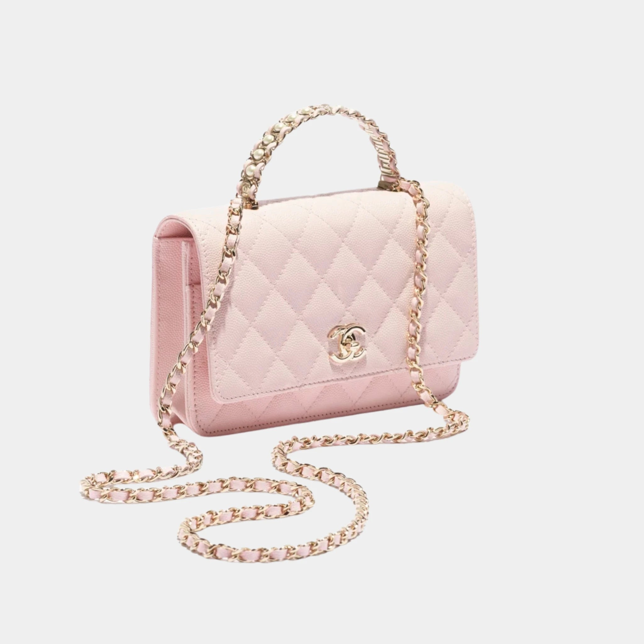 Chanel Wallet On Chain Grained Calfskin and Imitation Pearls, Light Pink, Front