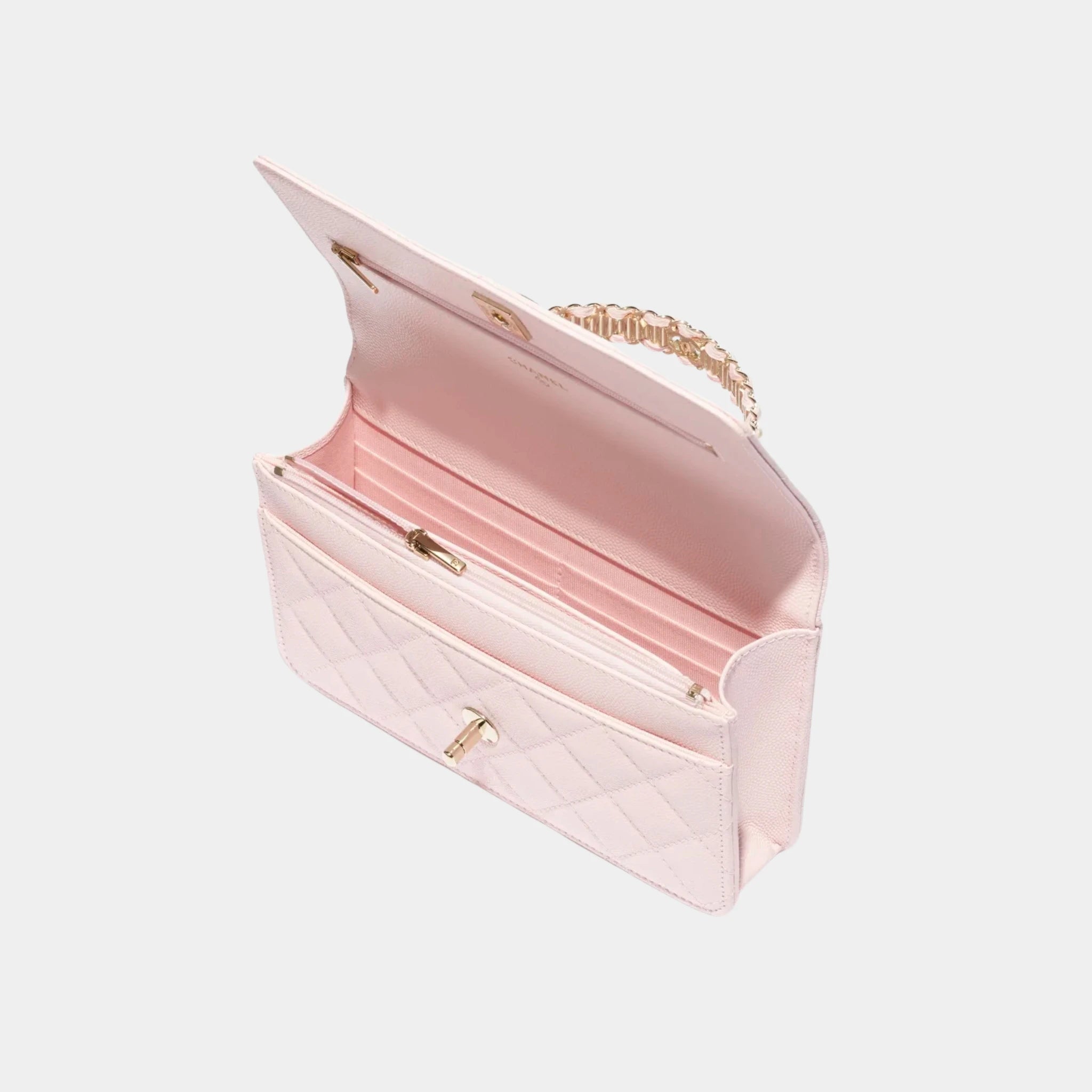 Chanel Wallet On Chain Grained Calfskin and Imitation Pearls, Light Pink, Top