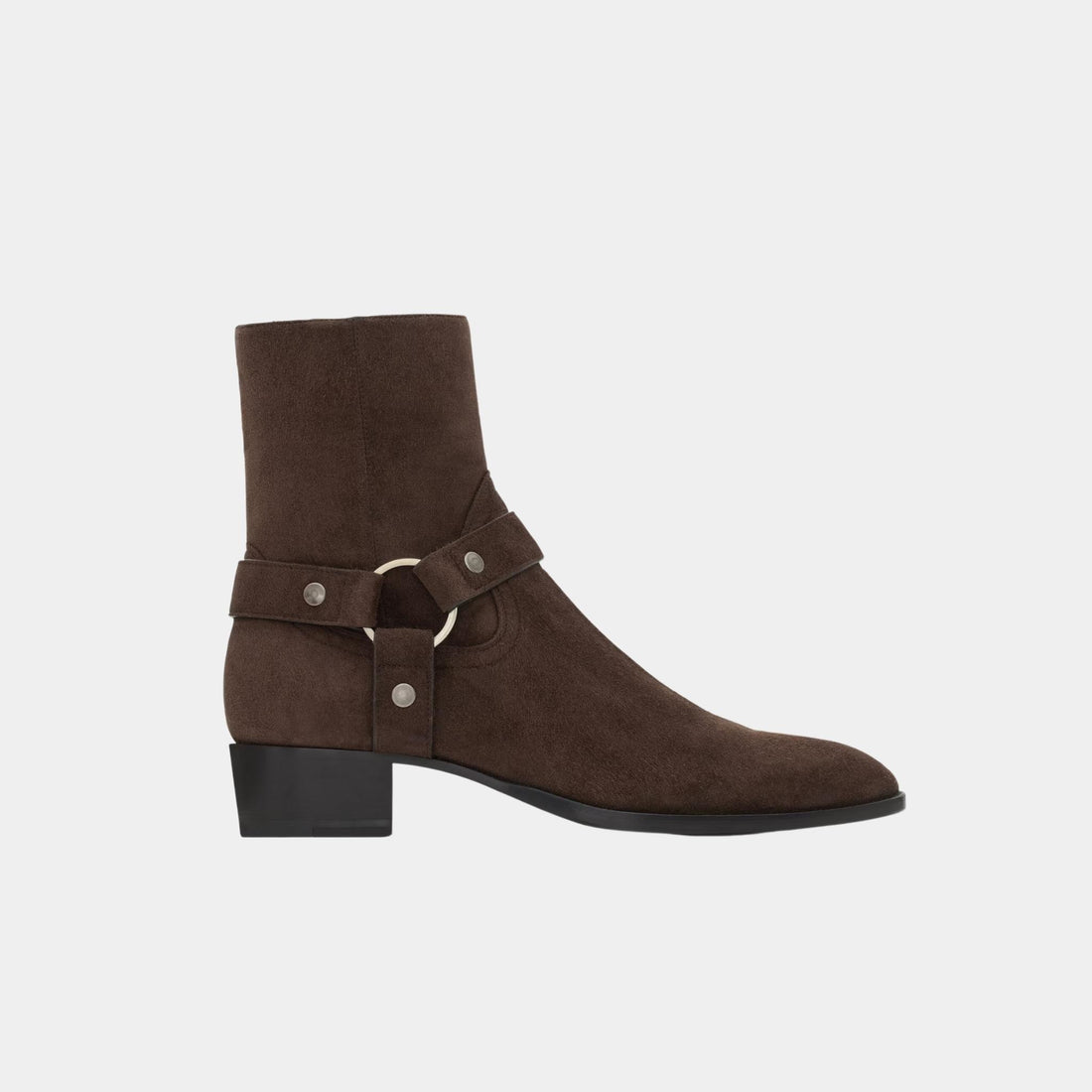 Yves Saint Laurent Wyatt Harness Boots in Dark Chocolate Suede, Side
