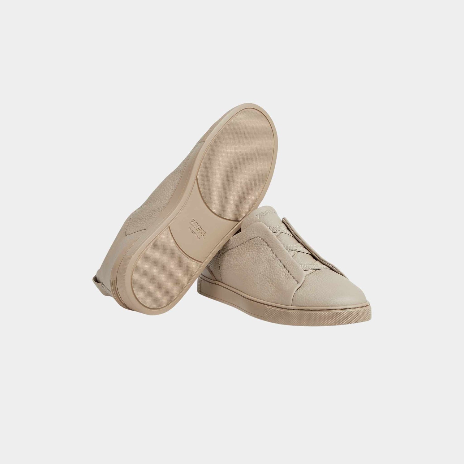 Zegna Deerskin Triple Stitch Low Top Sneakers, Beige, Sole