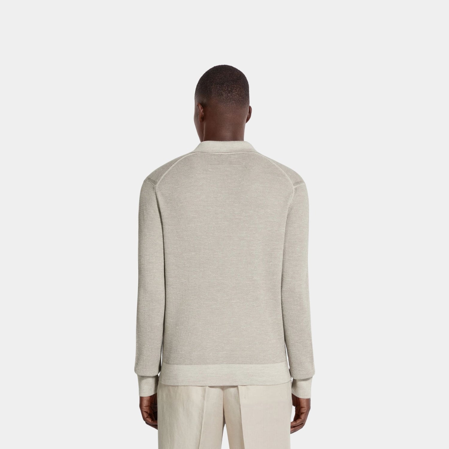 Zegna Melange Silk Cashmere and Linen Light Taupe Polo Shirt, Model, Back