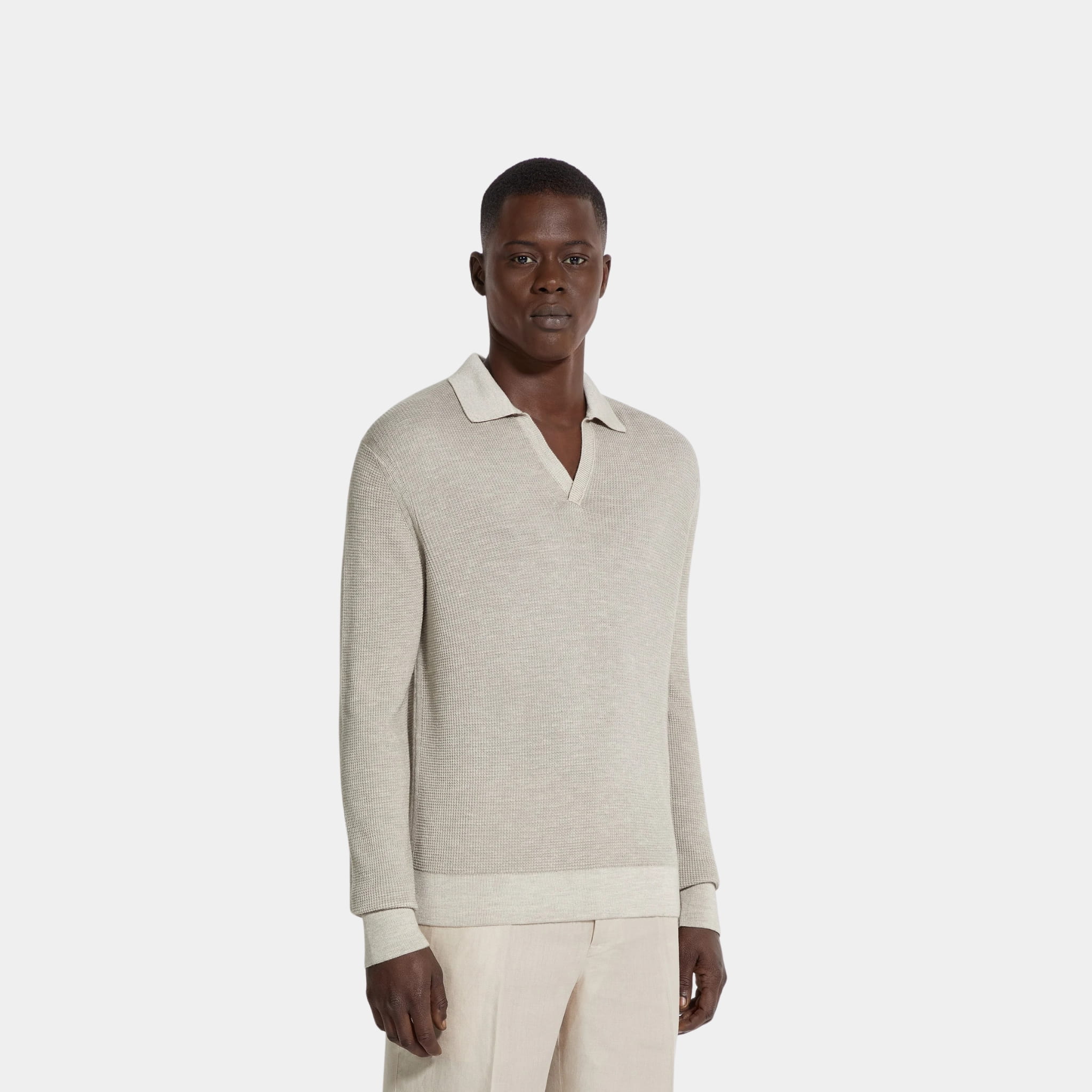 Zegna Melange Silk Cashmere and Linen Light Taupe Polo Shirt, Model