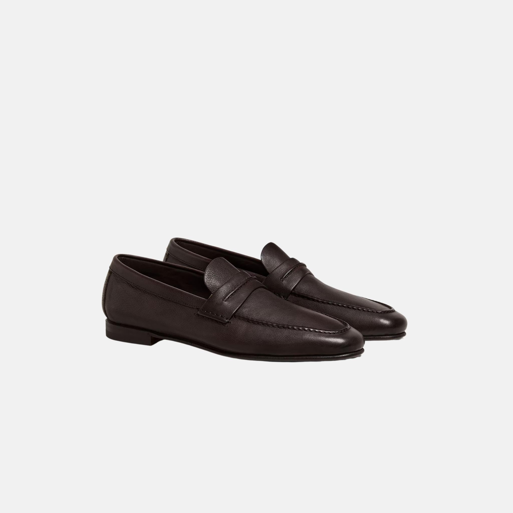 Zegna Mocassin Loafer In Natural Grain Leather, Dark Brown, Front