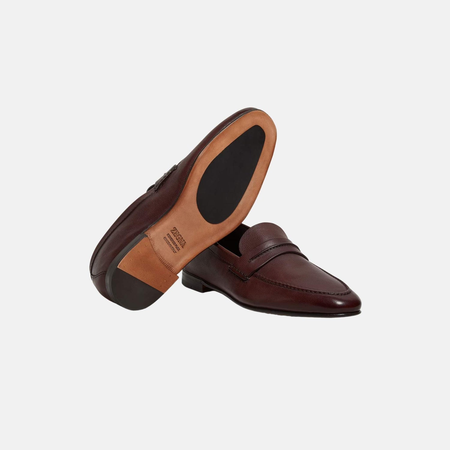 Zegna Mocassin Loafer In Natural Grain Leather, Light Brown, Sole