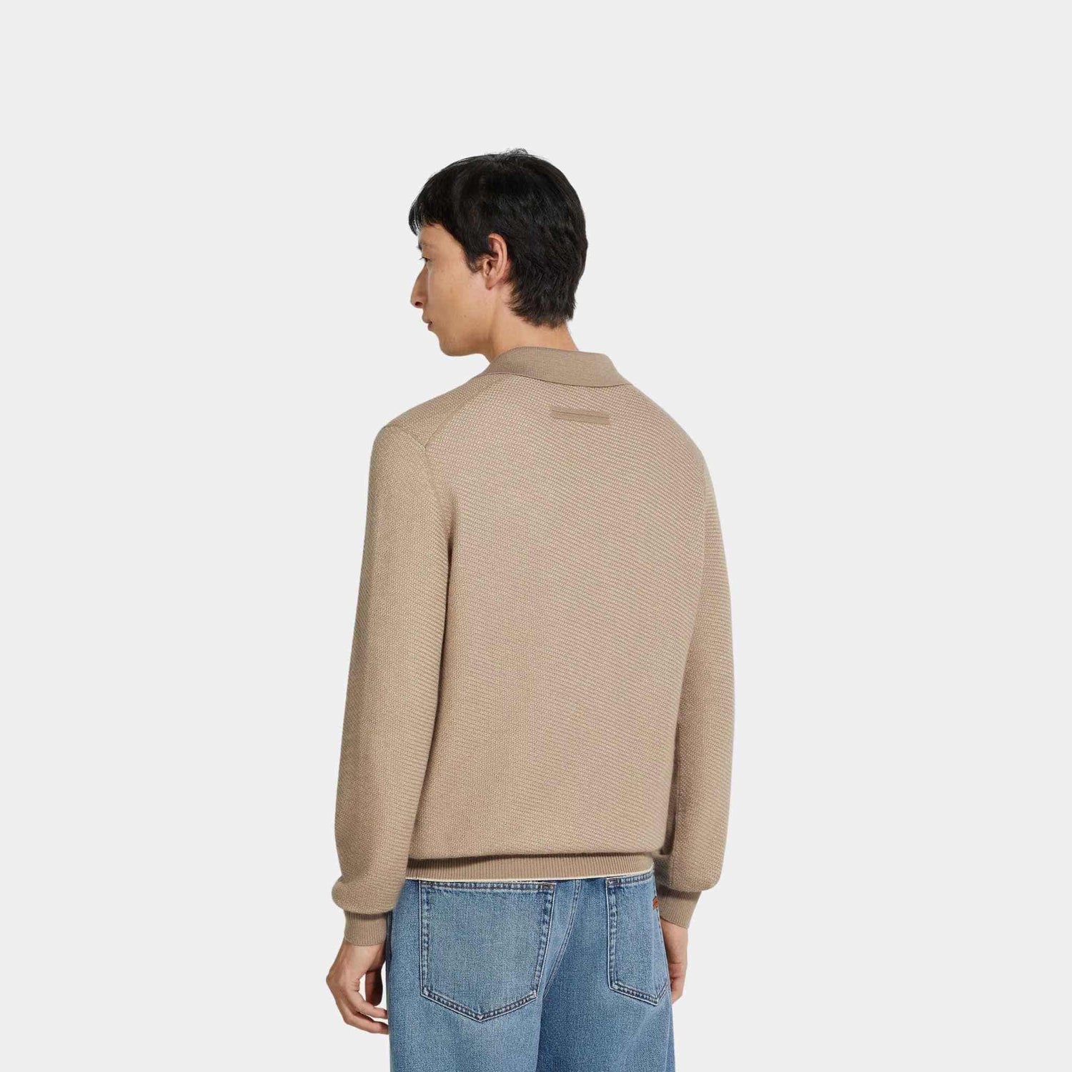 Zegna Silk And Cashmere Polo Shirt With Jacquard Pattern, Light Taupe, Back